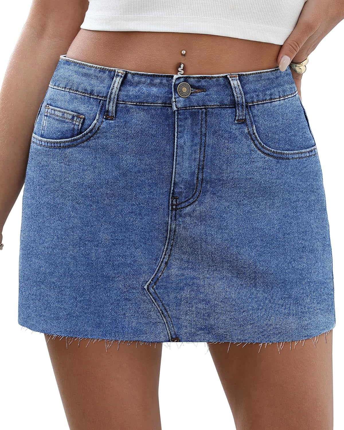Denim Skort Skirts for Women Low Waisted Stretchy Mini Jean Skirt Casual Cute Going Out Skorts with Pockets Raw Hem
