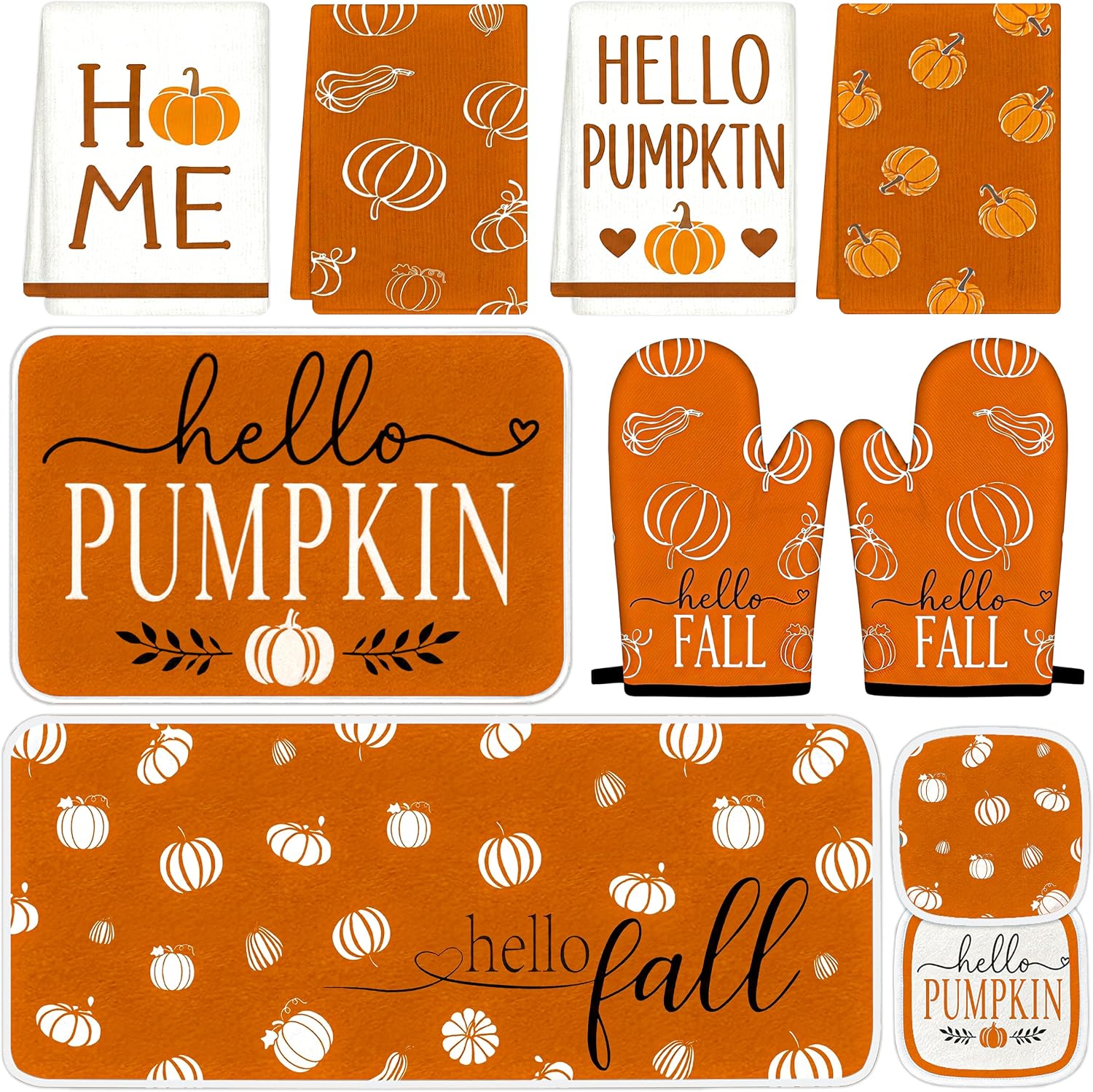 Tieshankao 10PCS Fall Pumpkin Kitchen Decor Set for Home, Baking Gifts | Included Rug, Floor Mat, Oven Mitts, Pot Holders, Towels, Autumn Thanksgiving Decorations Indoor