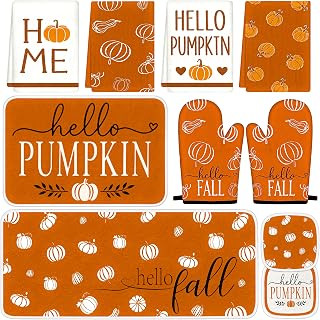 Tieshankao 10PCS Fall Pumpkin Kitchen Decor Set for Home, Baking Gifts | Included Rug, Floor Mat, Oven Mitts, Pot Holders, Towels, Autumn Thanksgiving Decorations Indoor