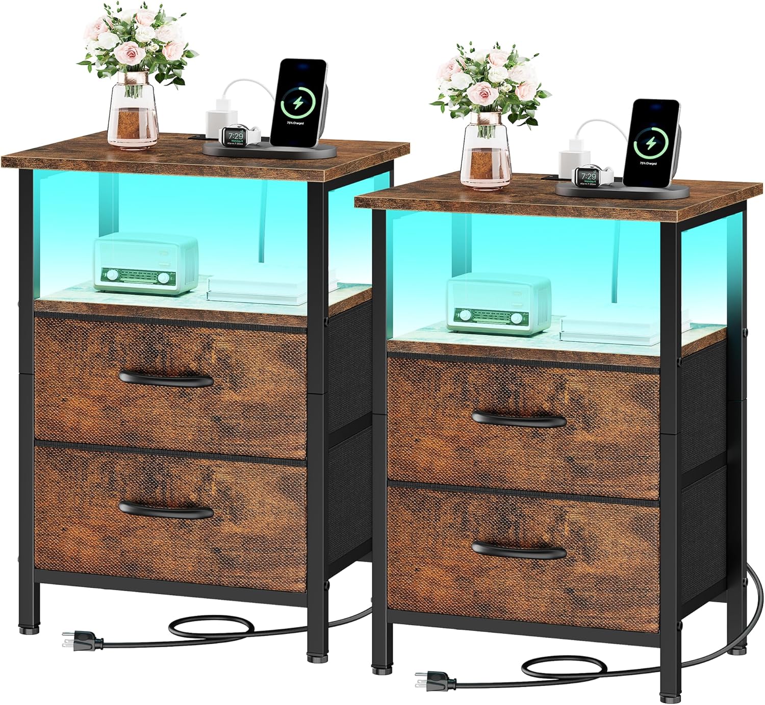 Vagusicc Nightstands Set of 2 Charging Station, End Tables with LED Lights, Bedside Table with 2 Fabric Drawers & Storage Shelves, 24.2" Tall Side Table Night Stand Set 2 for Bedroom, Rustic Brown 2 Pieces With LEDs Rustic Brown
