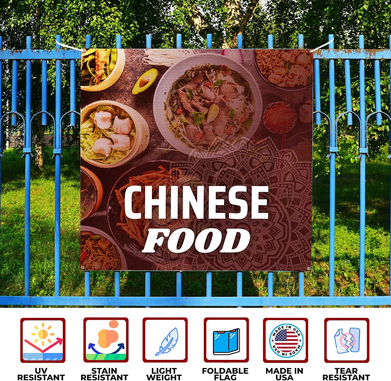 Chinese Food Large Banners and Signs for Outdoor by Mavis Printing-Polyester Banner with 4 Holes for Easy Hang Indoor & Outdoor| 4x4 Feet HD Print Sign to Promote Food & Beverages | Made in USA