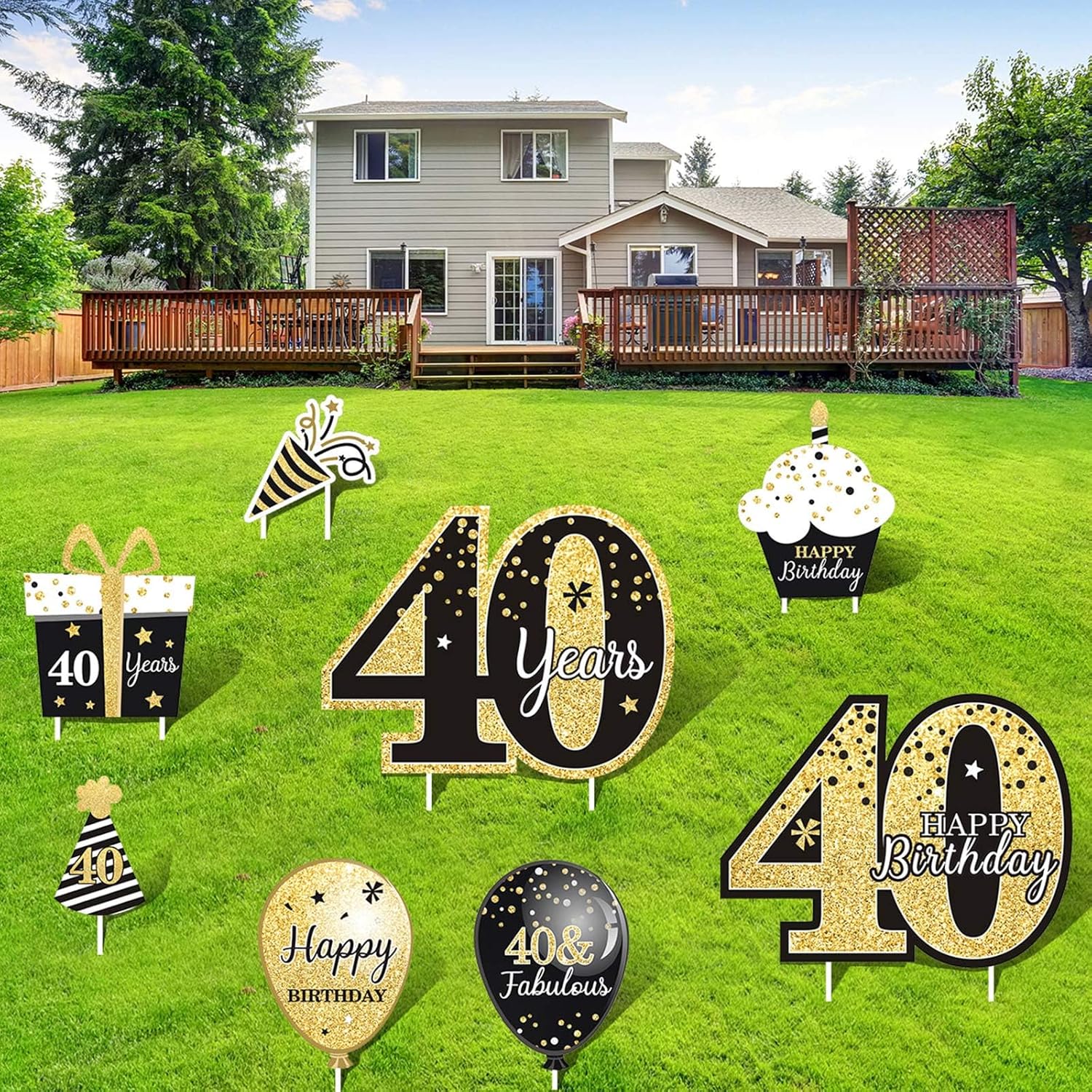 Happy 40th Birthday Decorations for Men Outdoor 40th Birthday Yard Signs with Stakes Black and Gold 40 Birthday Party Yard Sign Lawn Decor Set of 8