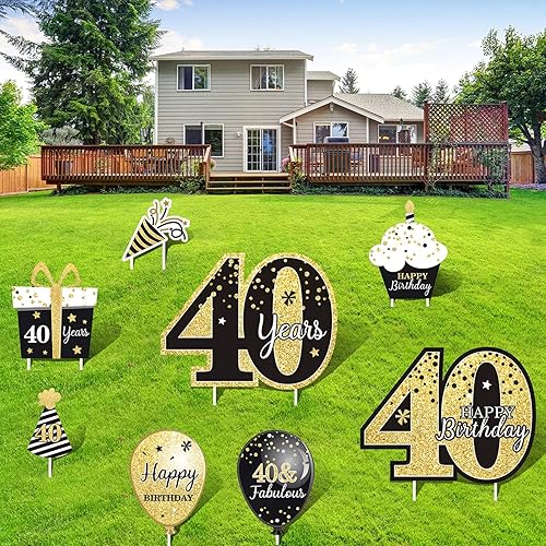 Miniatura 36 de Decoraciones de feliz cumpleaños 80 para hombres al aire libre 80 cumpleaños carteles de patio con estacas negro y dorado 80 cumpleaños decoración