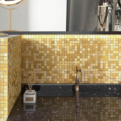 Miniatura 3 de VAOVI Azulejos dorados para salpicaduras de cocina, adhesivos de mosaico autoadhesivos, resistentes al calor, impermeables (10 hojas, cuadrados)