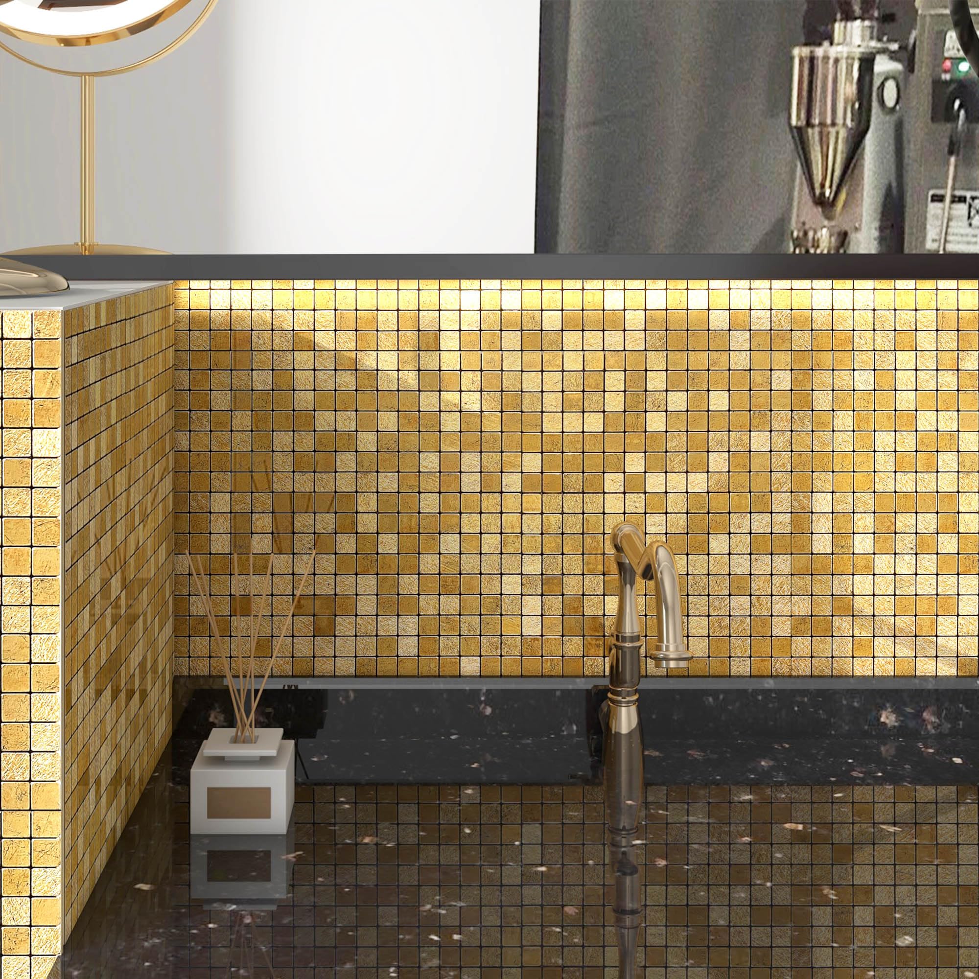 VAOVI Azulejos dorados para cocina, azulejos autoadhesivos para pared, resistentes al calor, impermeables (10 hojas, cuadrados)