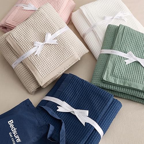 Miniatura 6 de Bedsure Juego de funda de edredón de algodón tamaño King, 100% algodón, tejido de gofre, color beige, suave y transpirable, para todas las