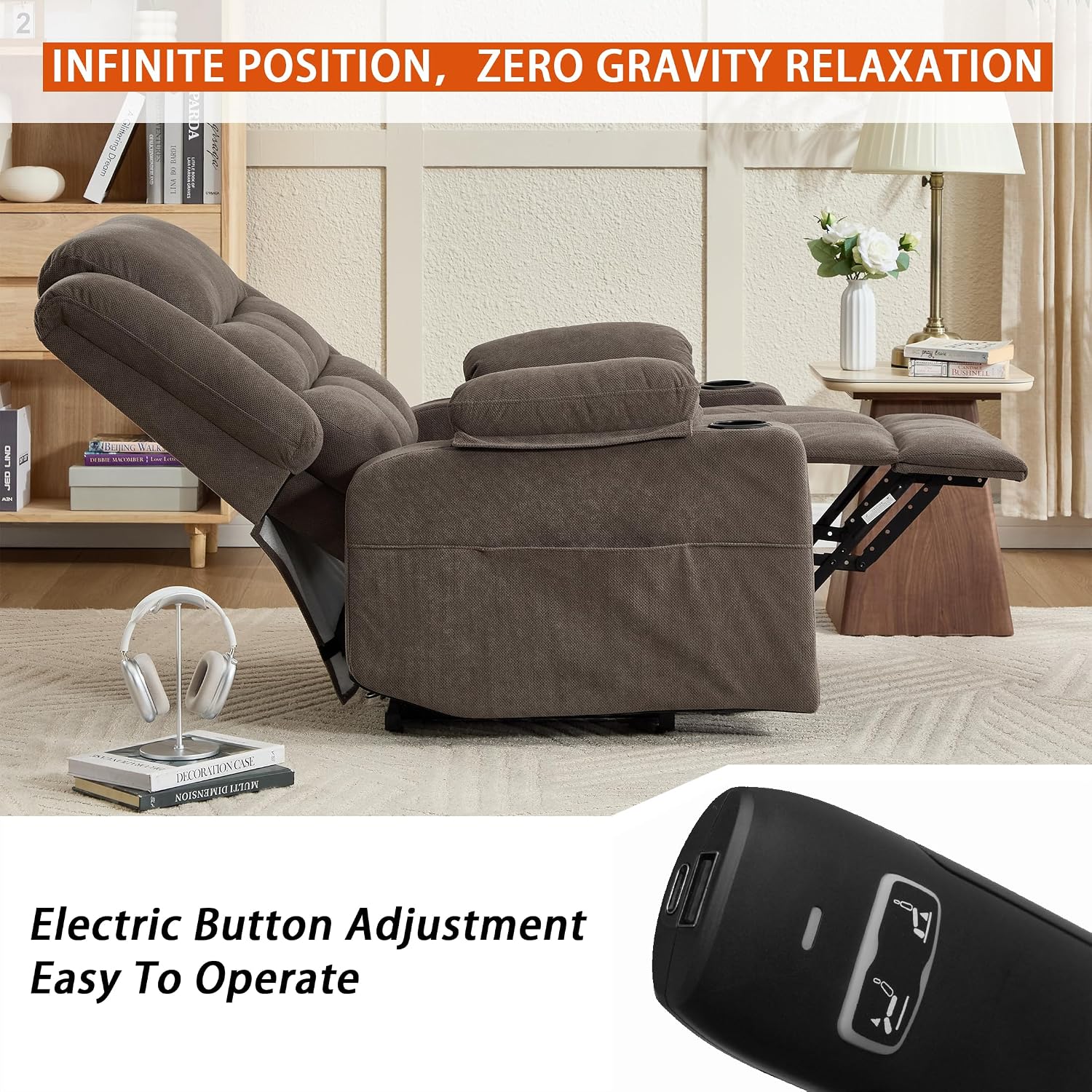 Ketaiyou Electric Power Lift Recliner Chair Sofa with Massage and Heat for Elderly, USB and Type-C Ports, Cup Holders, Infinite Position (Brown, Regular)