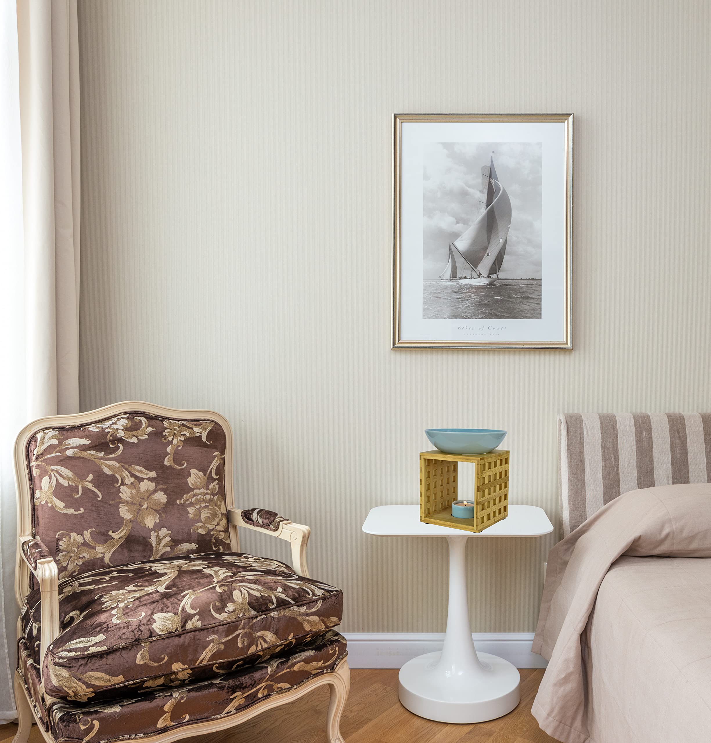 Bitto Duftlampe Riga Weißblau mit Kerze, große Schale, Fair Trade, Aromalampe aus Bambusholz und Keramik