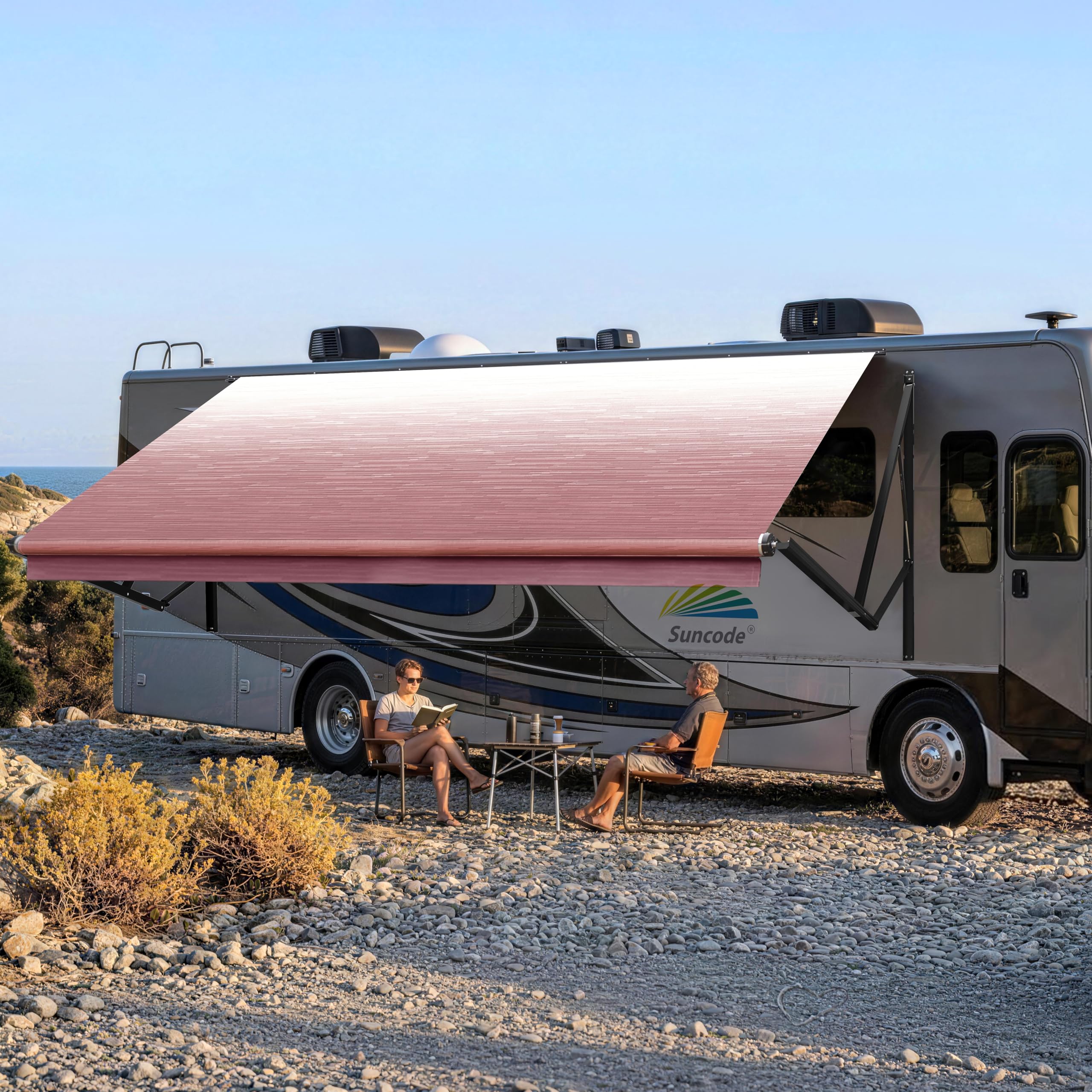 Suncode RV Awning for RV&Camper-Motorized RV Awning,Electric Camper Awning Complete Kit-10x8Ft-Black Frame &Burgundy Fade