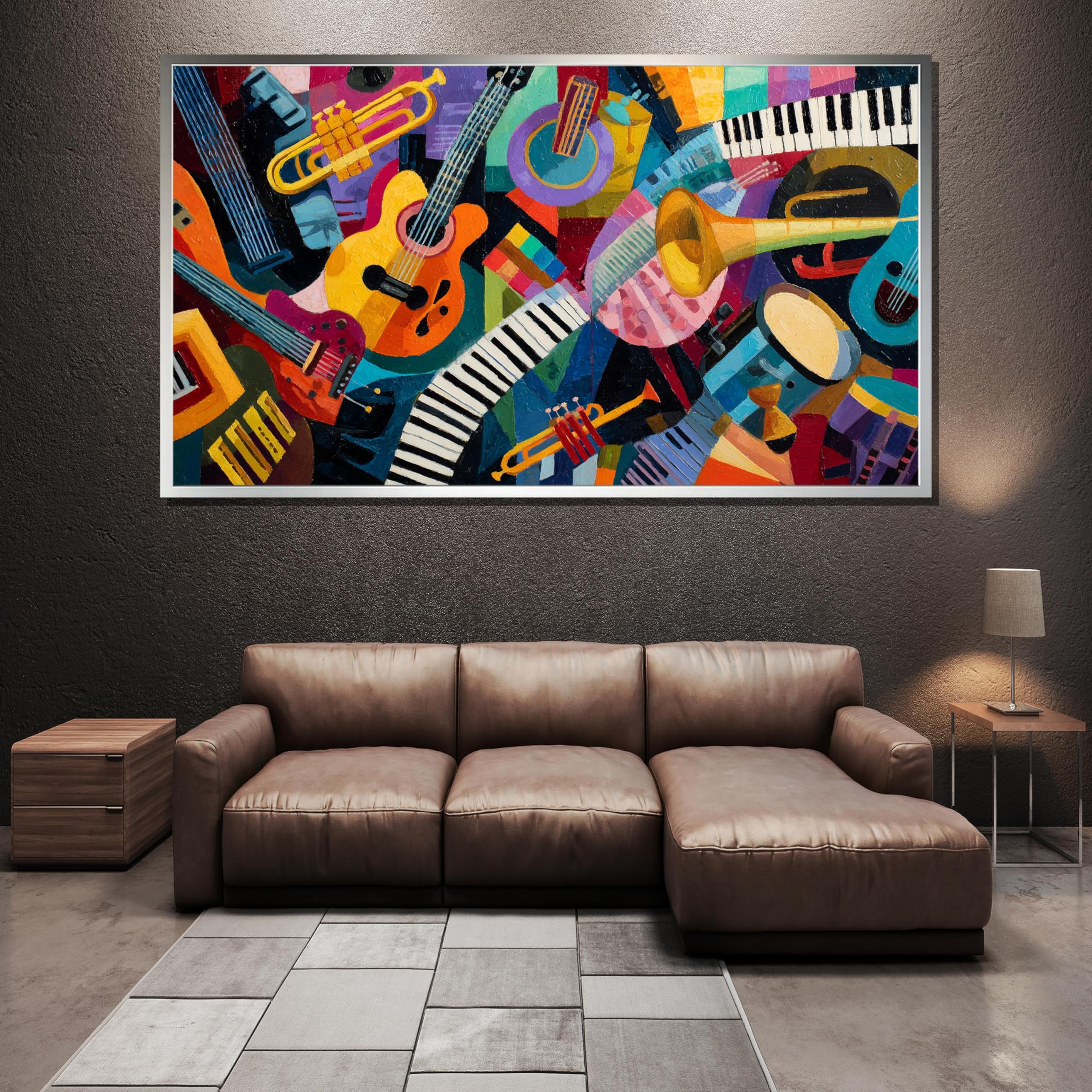 XINBAO Quadro su tela con strumenti musicali jazz, raffigurante chitarra, pianoforte, tromba e batteria, ideale per arredare il soggiorno o lo studio (70x110 cm/cornice interna).