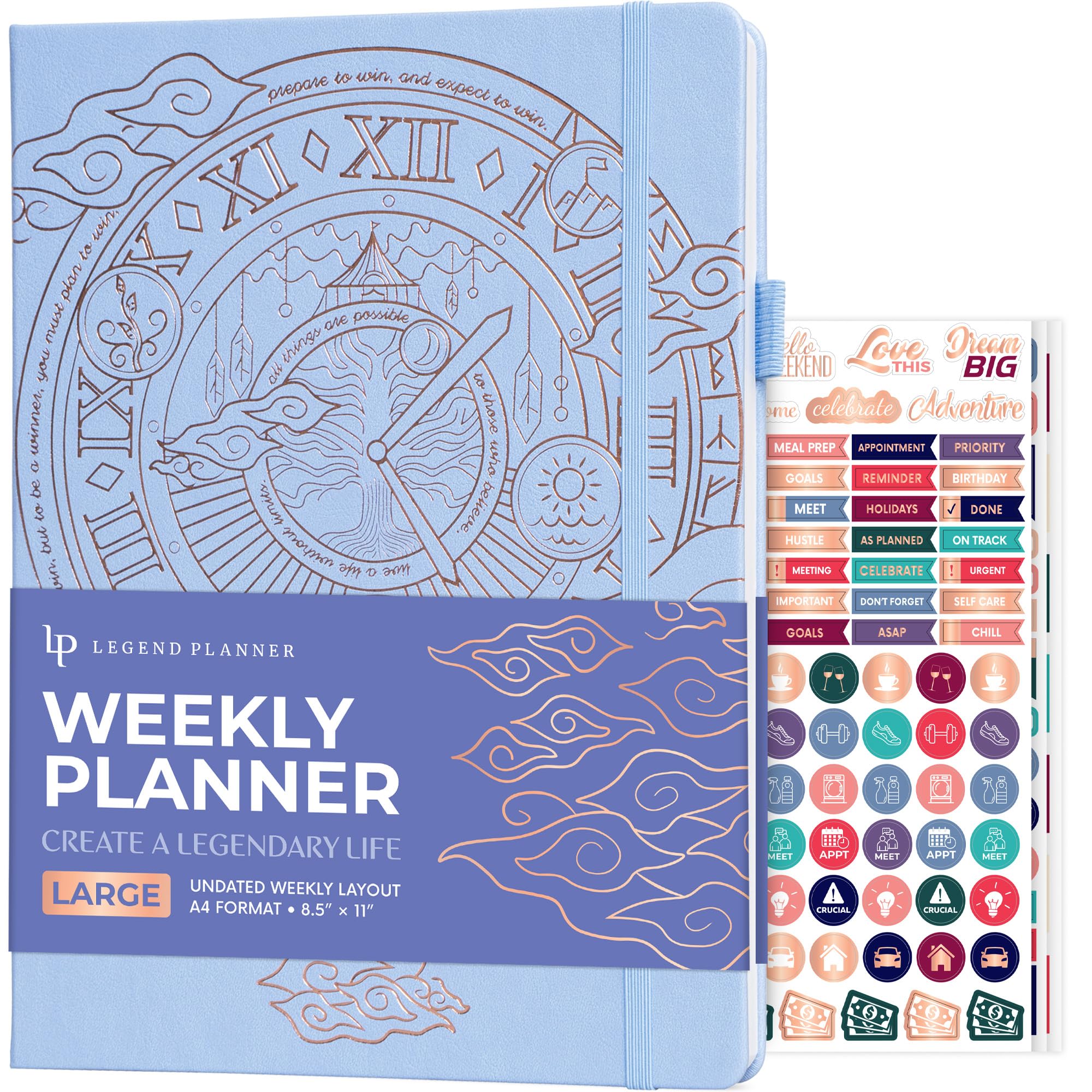 Legend Undated Weekly Planner Large – Goal Planner Journal & Organizer Notebook – Agenda Book with Monthly Calendar, 8.5x11” (Periwinkle Gold)