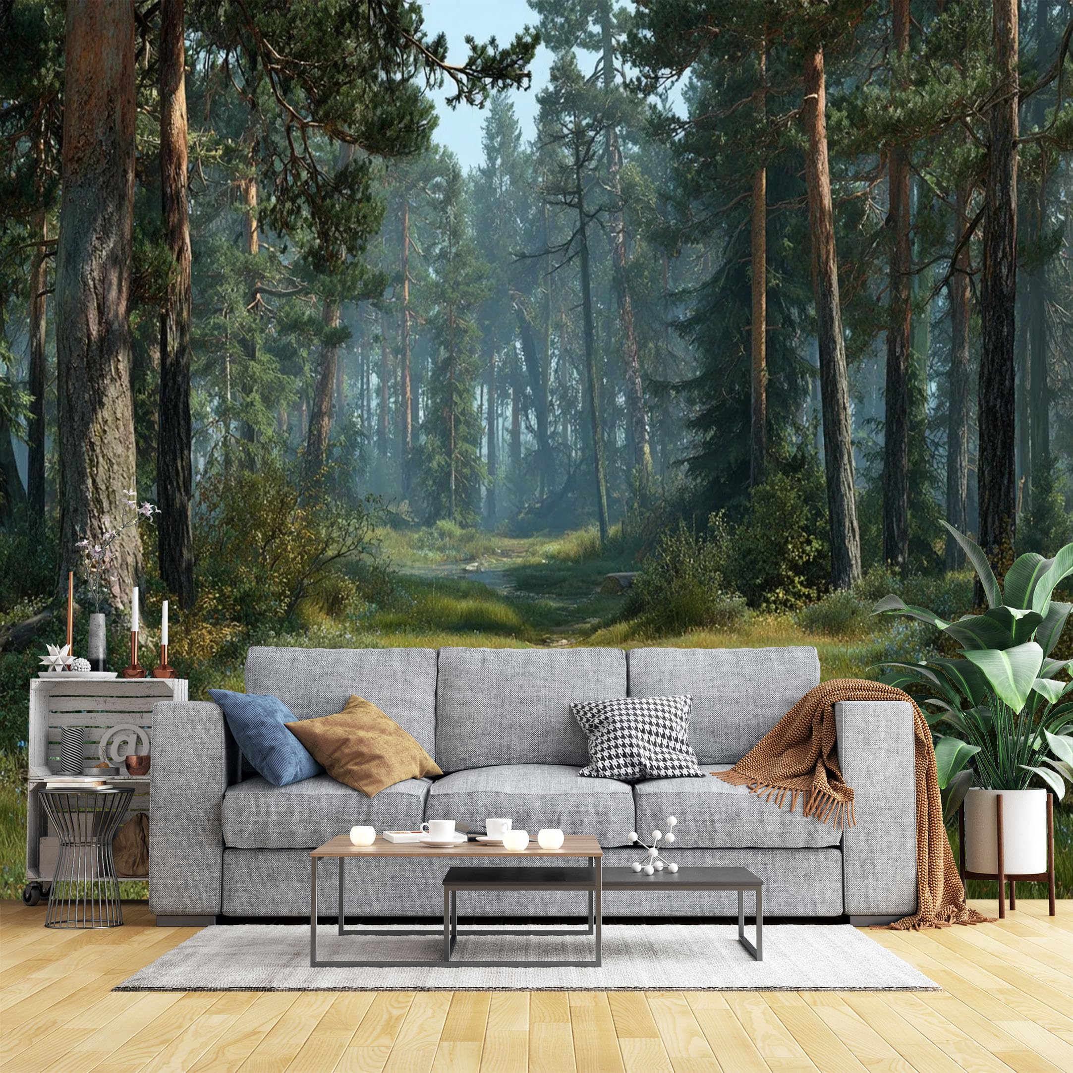 Custom Size Wall Murals Misty Pine Forest Wall Murals Sunlit Nature Landscape Wallpaper Full Wall Self-Adhesive Removable Wallpaper for Living Room