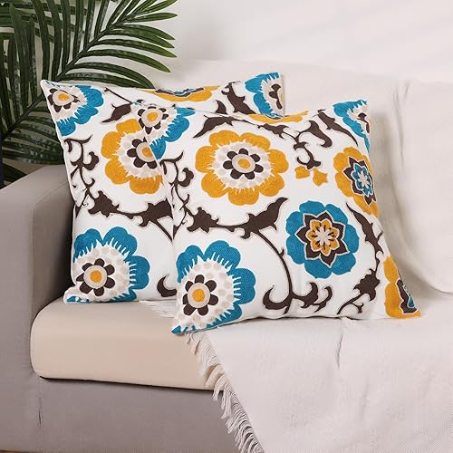 Miniatura 7 de uxcell Paquete de 2 fundas de almohada de algodón con diseño geométrico floral bordado de granja, fundas de cojín decorativas cuadradas suaves para