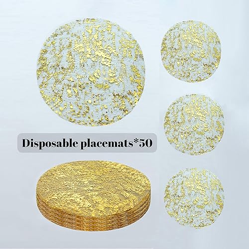 Miniatura 4 de Snowkingdom Juego de 50 manteles individuales dorados redondos de 13 pulgadas de malla de aluminio prensados a granel, desechables, paquete de 50
