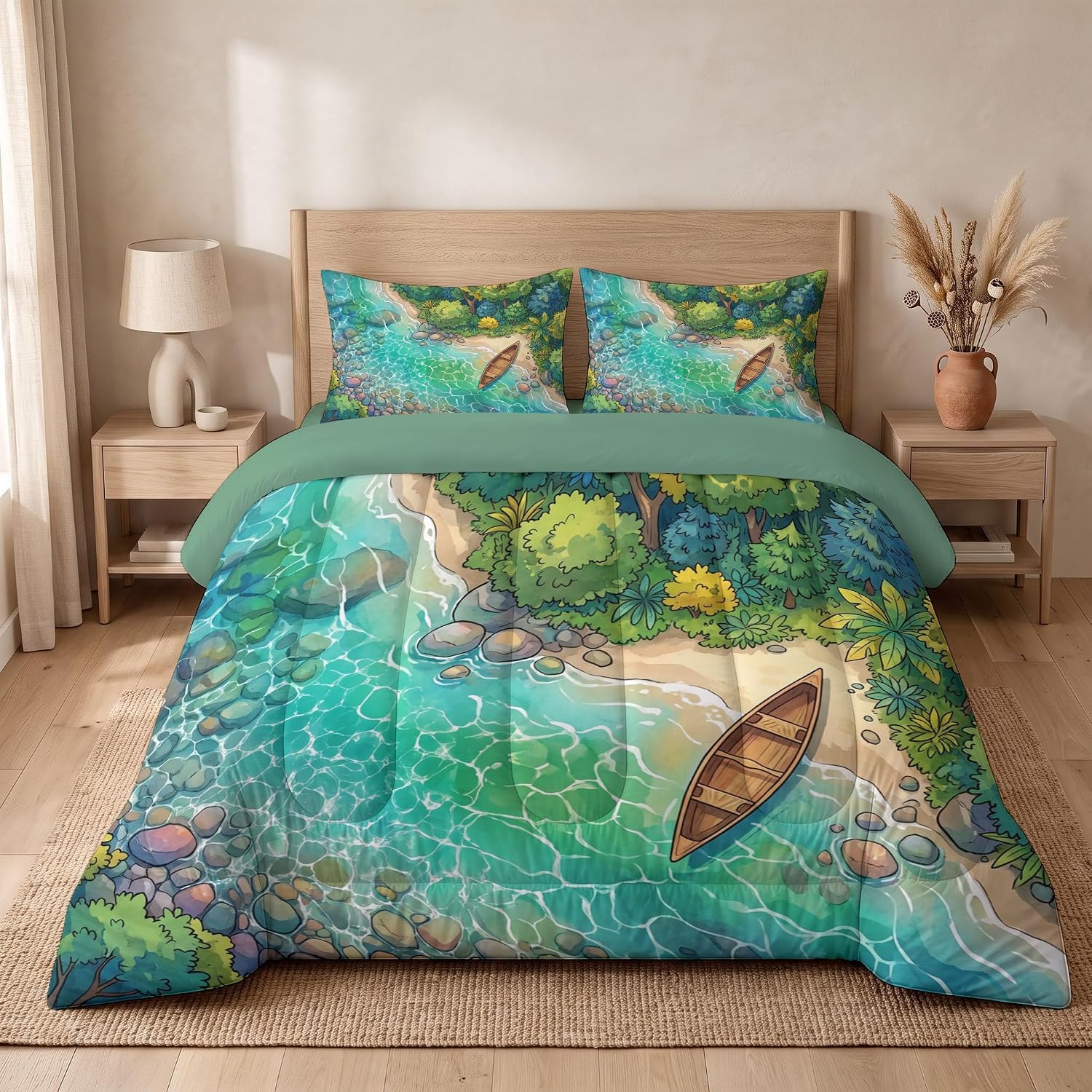 Tropical Scenery Comforter Set Queen Size, Coastal Canoes Print Breathable Bedding Set for Girls Boys Teens, Turquoise Quilt Duvet with 2 Pillow Cases