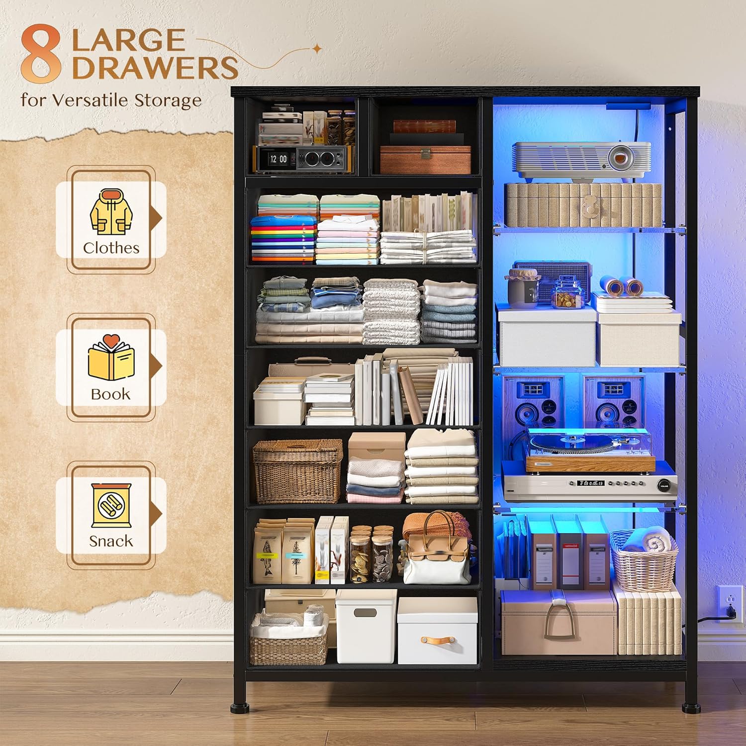 EnHomee 54" H Dresser for Bedroom with LED Lights & Power Outlets Dresser with 8 Drawers Fabric Dressers & Chests of Drawers for Bedroom, Sturdy Metal Frame, Acrylic Plates (Charcoal Black)