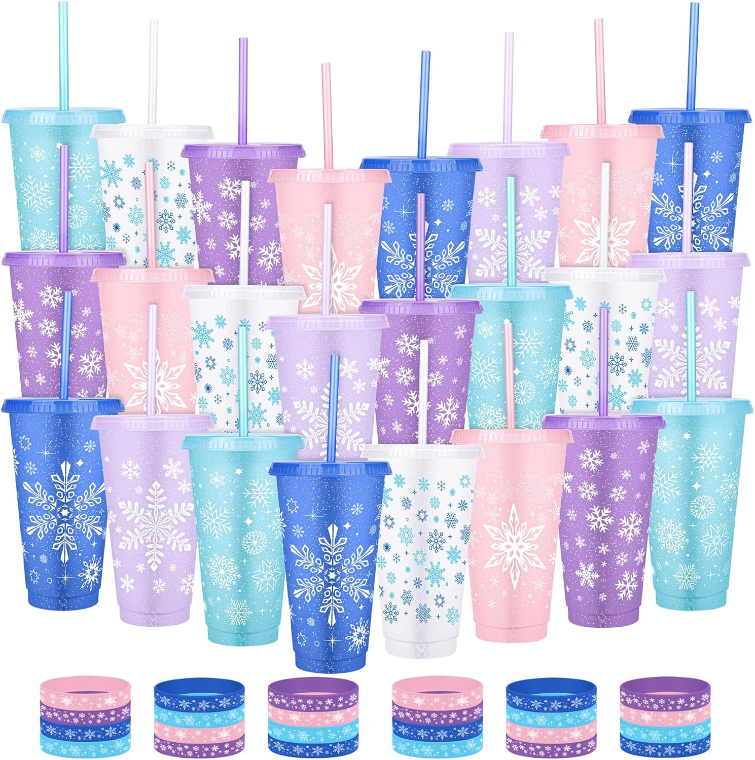 Kochorie 48 Pieces Snowflake Party Favors Cups Set 24 Oz 24 Frozen Themed Cups with Lids & Straws 24 Silicone Bracelets Reusable Plastic Tumblers for Winter Theme Holiday Birthday Party Supplies