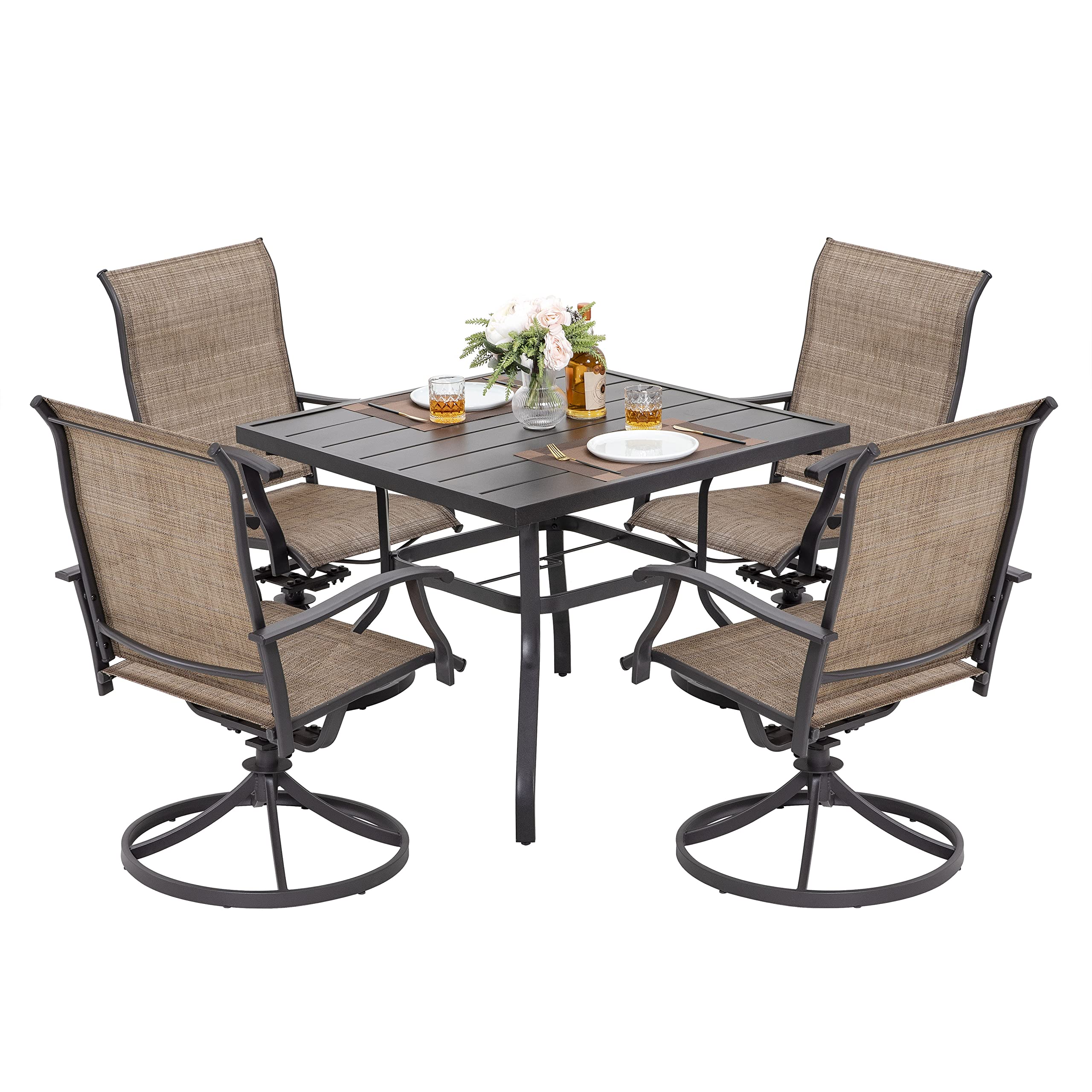 NUU GARDEN 5 Piece Outdoor Dining Set, Iron Patio Furniture Set with 1.57 Inch Umbrella Hole for Lawn Backyard Balcony, Black and Brown