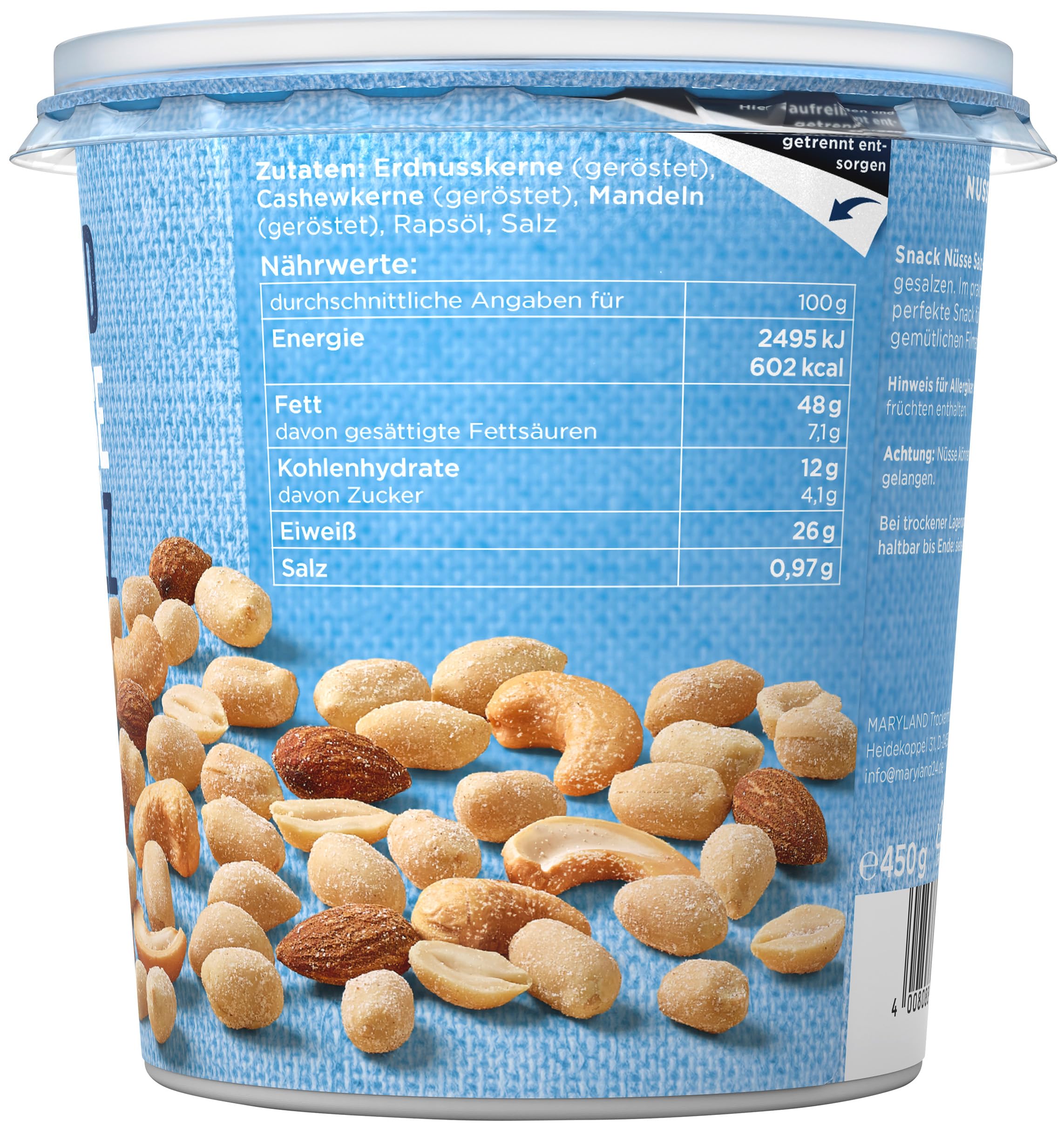 Maryland Snack Nüsse geröstet & gesalzen XXL 12 x 450g Becher - Erdnüsse, Cashewkerne und Mandeln in Nussmischung - klassisch geröstet & gesalzen - wiederverschließbarer Becher (12 x 450 g XXL)