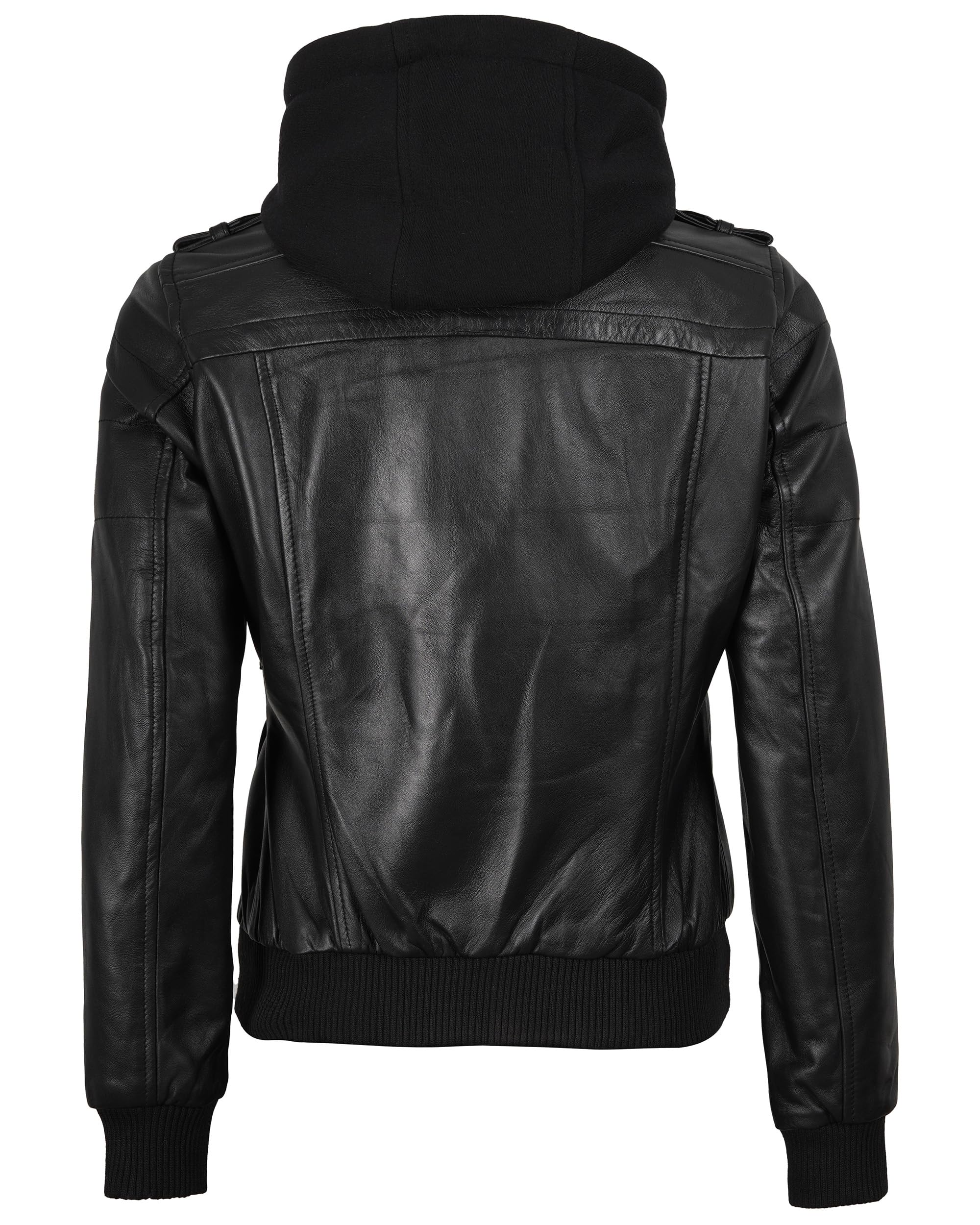 fjackets Blouson bomber en cuir pour femme - Veste en cuir d'agneau véritable pour femme avec capuche amovible - Veste à capuche pour femme