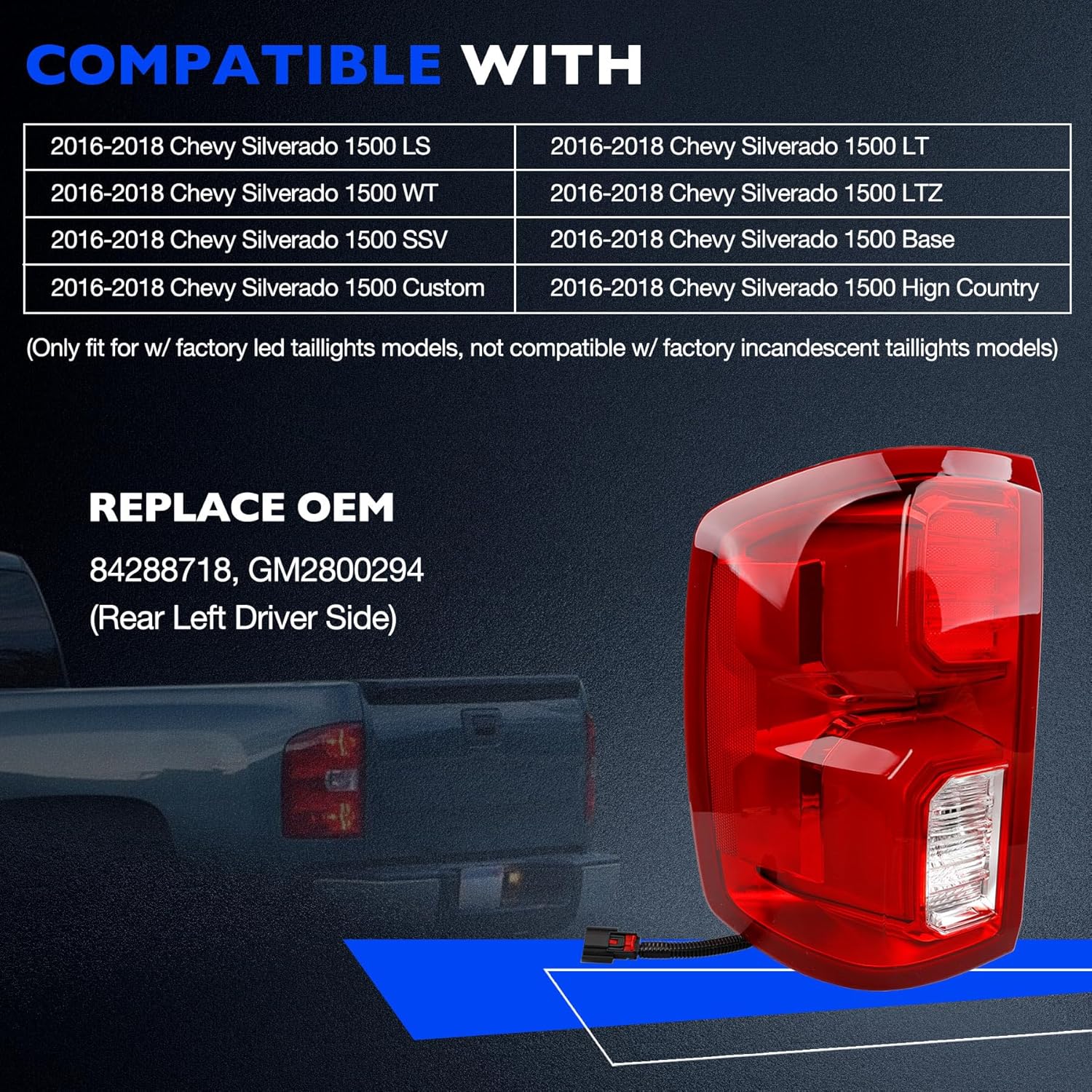 LED Tail light Compatible with Chevy Silverado 1500 2016 2017 2018, Replace 84288718 GM2800294, Running Driving Lamp Brake Turn Signal Lighting - Rear Left Driver Side LH