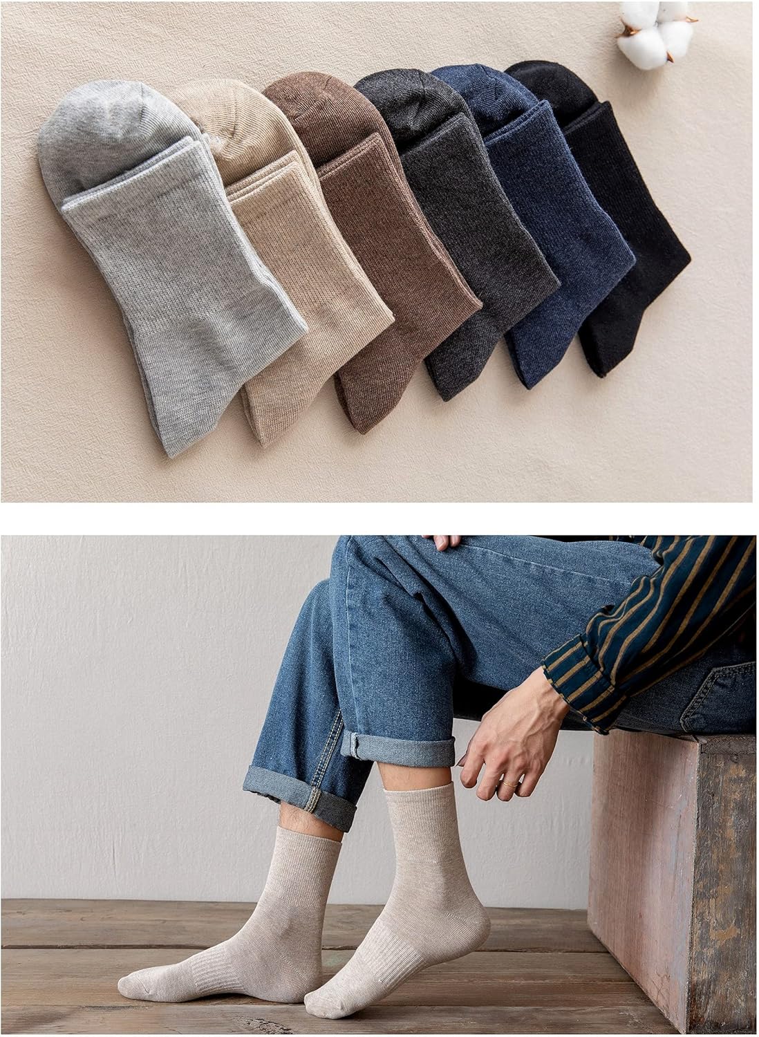 Mens Cotton Crew Socks Thin Cushioned Cotton Socks for Mens Calf Socks 7Pairs - Image 3