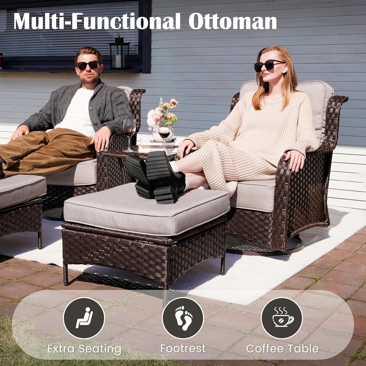 Sundale Outdoor Set of 2 Wicker Ottomans, Multipurpose Outdoor Footrest with 4" Thick Large Cushions, All Weather Rattan Patio Ottoman for Footstool, Additional Seating, Side Table (Grey)