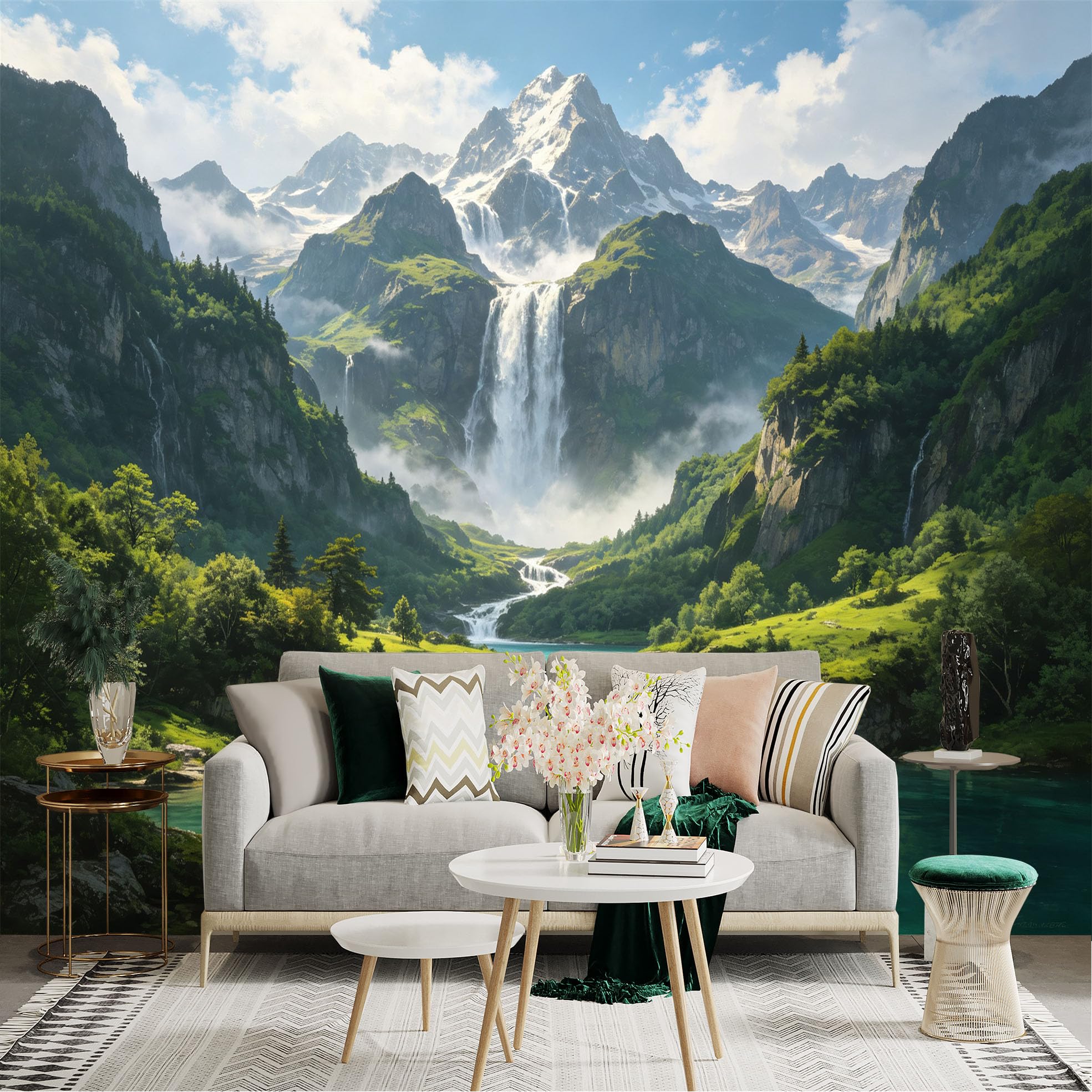 Custom Size Wall Sticker Mural， Majestic Mountain Waterfall， Scenic Alpine Lake， Lush Green Valley， Natural Landscape， for wall Decoration， peelandstick wall Decals.