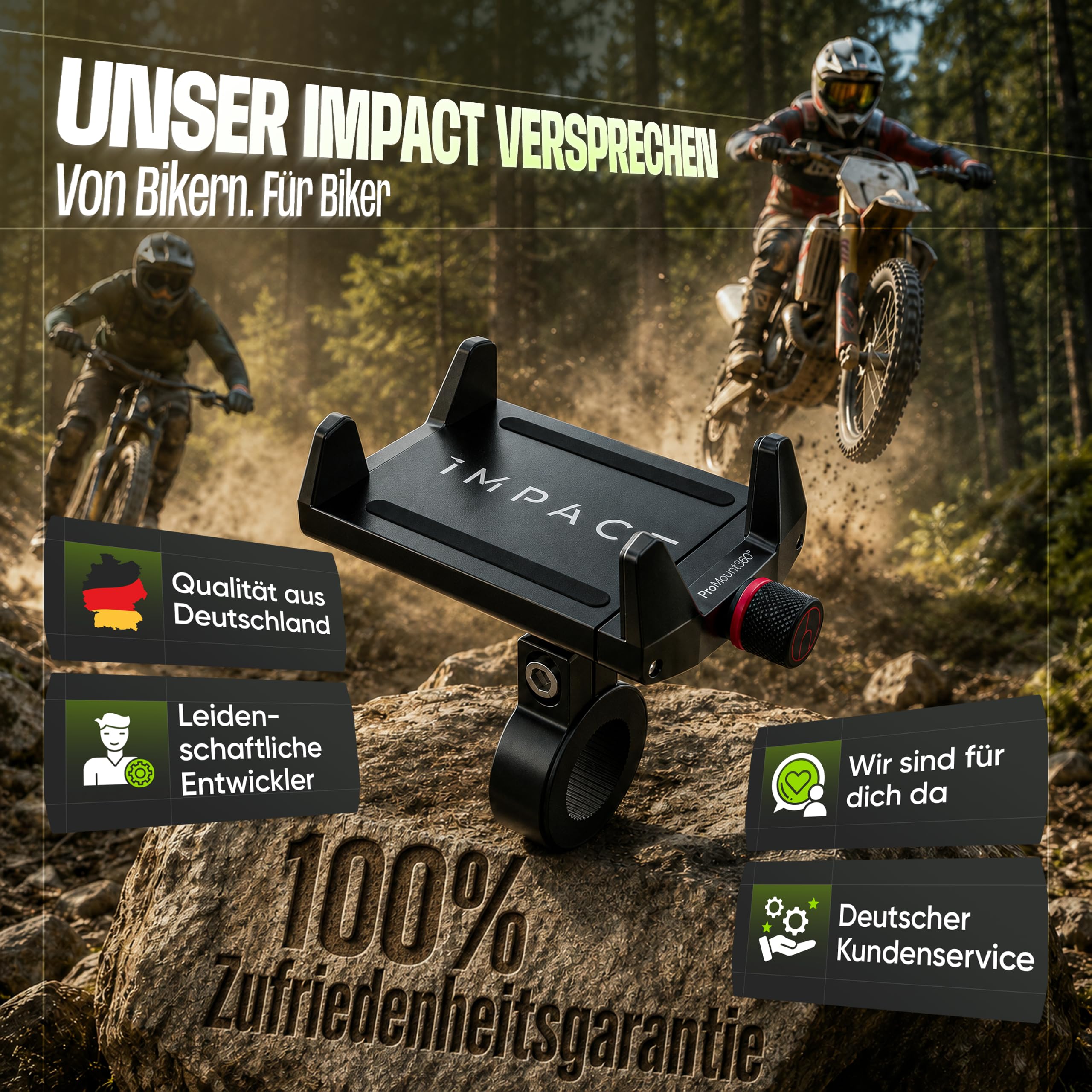 Impact® Pro Mount 360° - Handyhalterung Fahrrad [Smartphone KOMPATIBEL 4-7 Zoll] - Handyhalter Fahrrad - Handyhalterung für Fahrrad Lenker mit Kugelgelenk & Sicherheitsgummi - iPhone 14 15 Pro Max