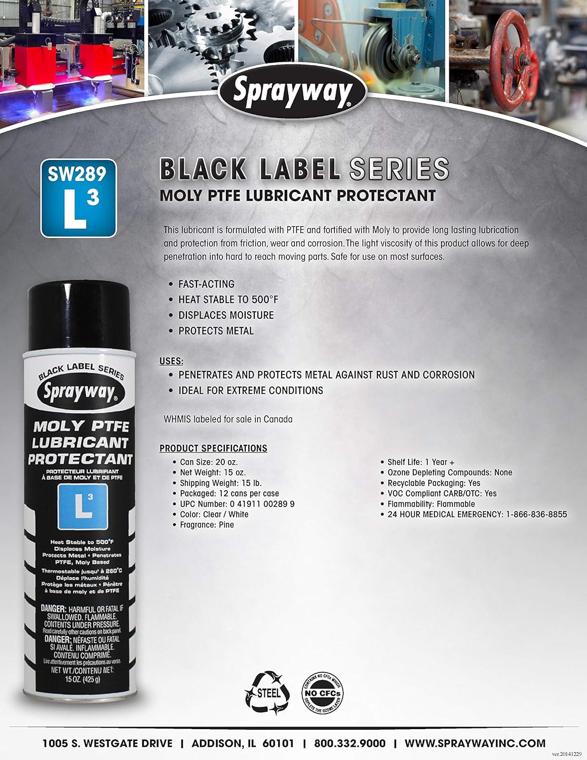 Sprayway SW289-12PK L3 Moly PTFE Lubricant Protectant 15oz 12 Pack