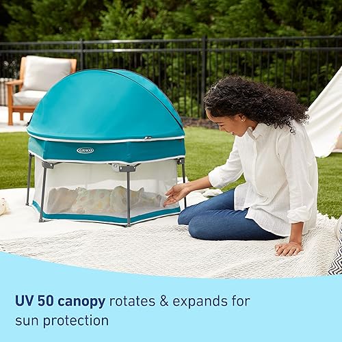 Miniatura 10 de Graco Pack n Play LiteTraveler LX Playard para exteriores e interiores con toldo compacto plegable UV Canyon Brisa, Canyon