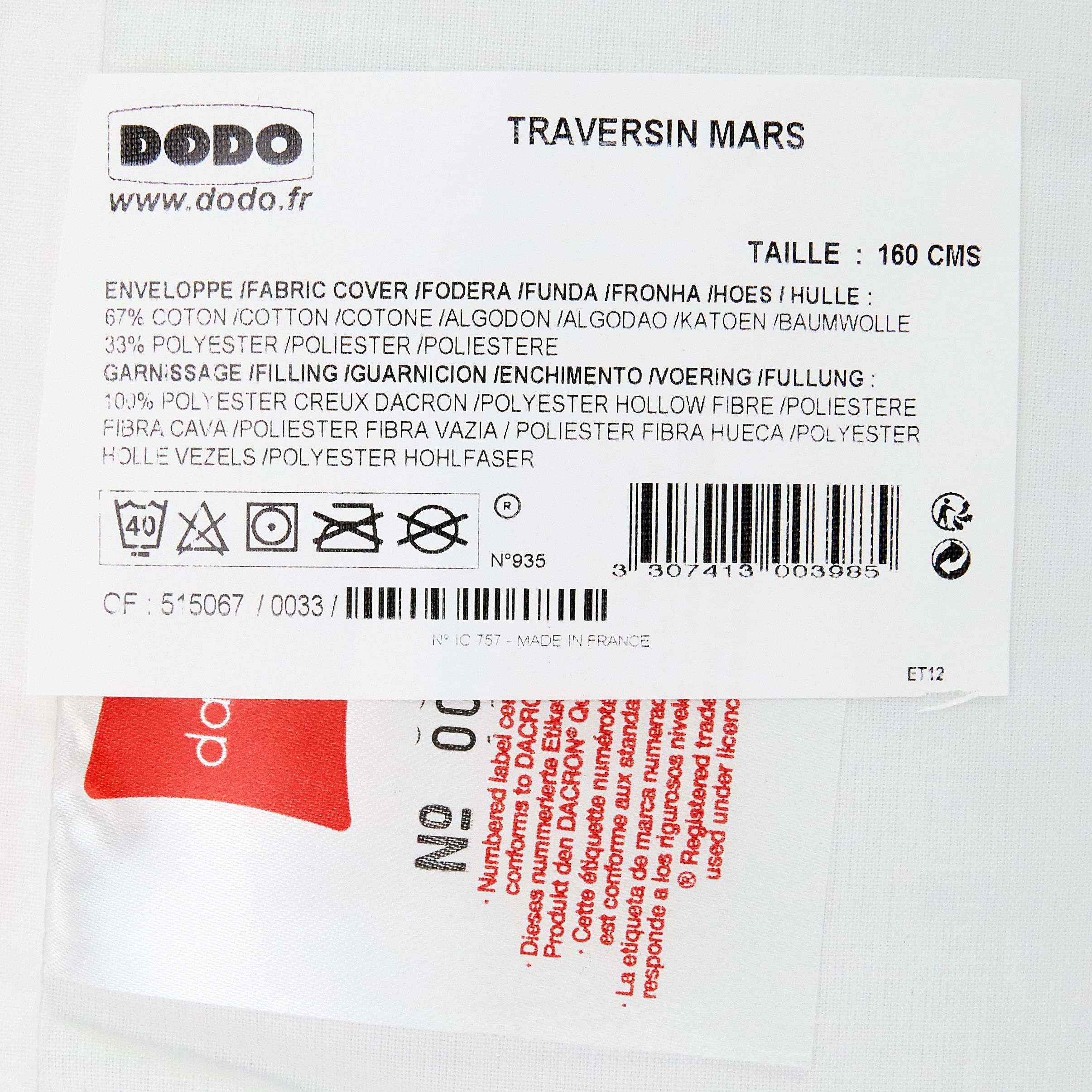 DODO - Traversin Mars Ultra Doux 160 cm - Confort Moelleux, Bon Maintien, Résistant aux Tassements - 50% Polyester 50% Coton - Garnissage 100% Polyester Fibre Volupt'air - Lavable en Machine à 40°C