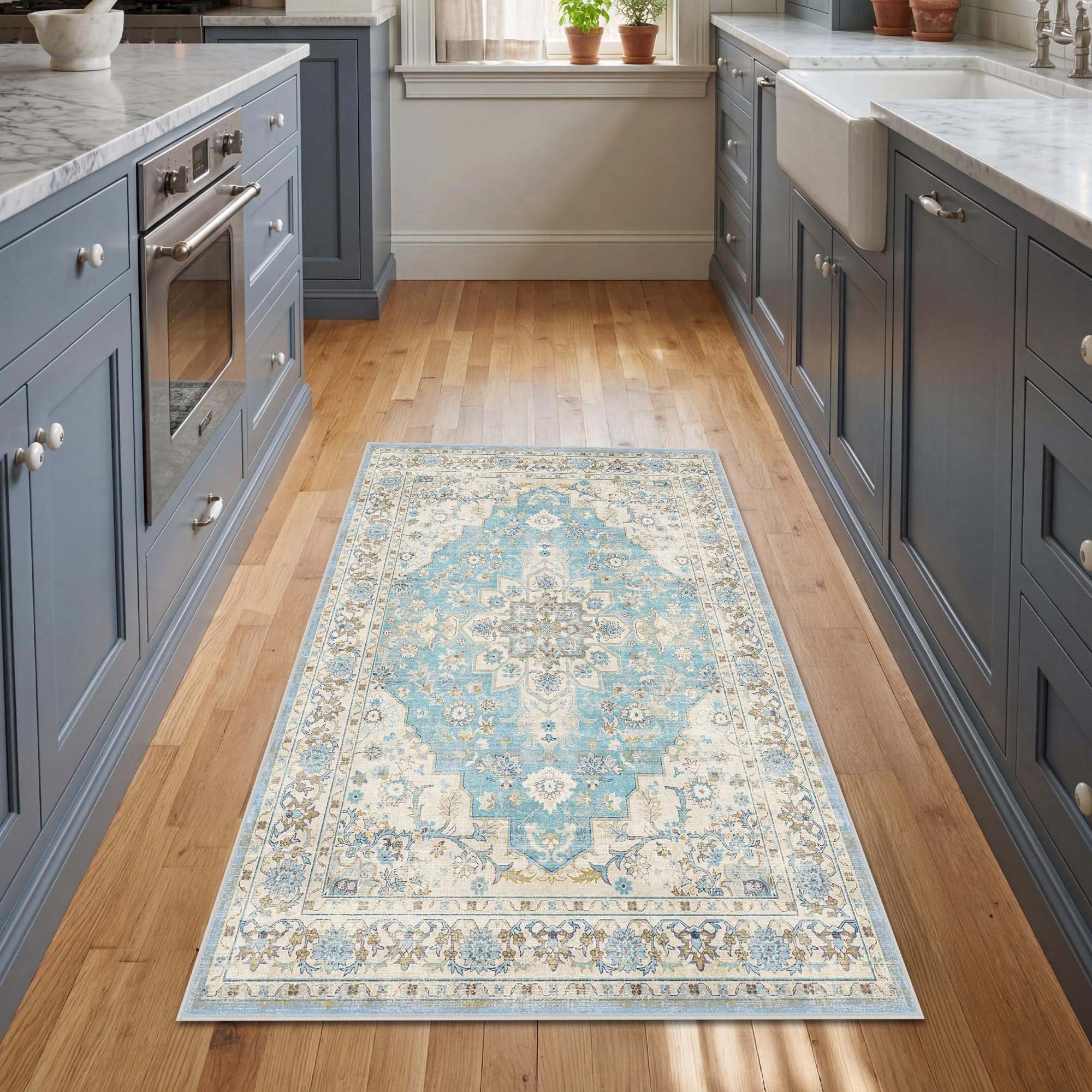 Autsel Vintage Teppich Wohnzimmer, Waschbarer Teppich Schlafzimmer, Boho Teppich Kurzflor, rutschfest Läufer Teppiche, Pflegeleicht Teppich Gegend für küche, Büro, Esszimmer, Flur