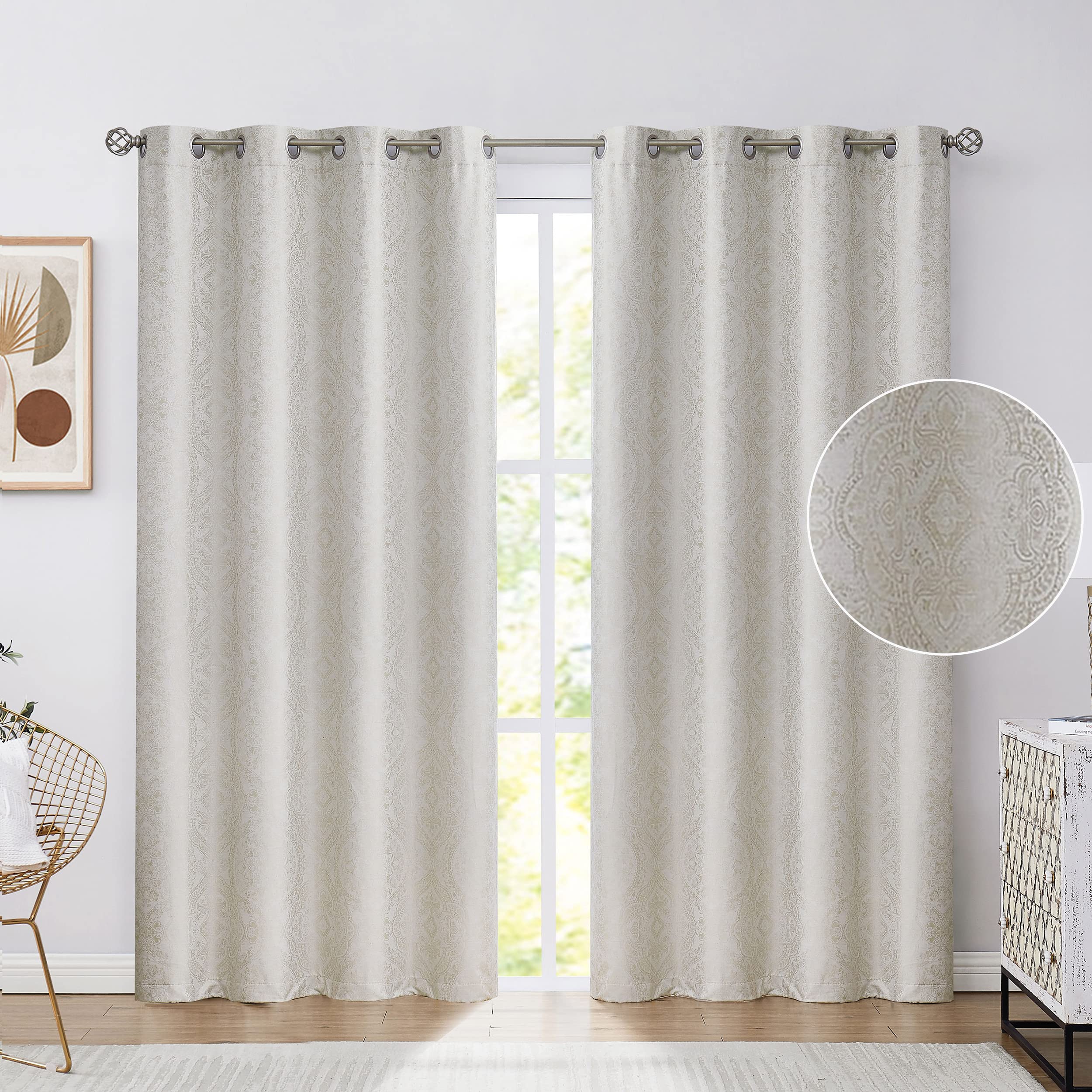 Muse Dream Patterned Beige Blackout Curtains 96 Inches Long Damask Medallion Print Decorative Room Darkening Curtains for Bedroom Thermal Insulated Light Blocking Curtains Grommet 52" Wx95 L,1 Pair