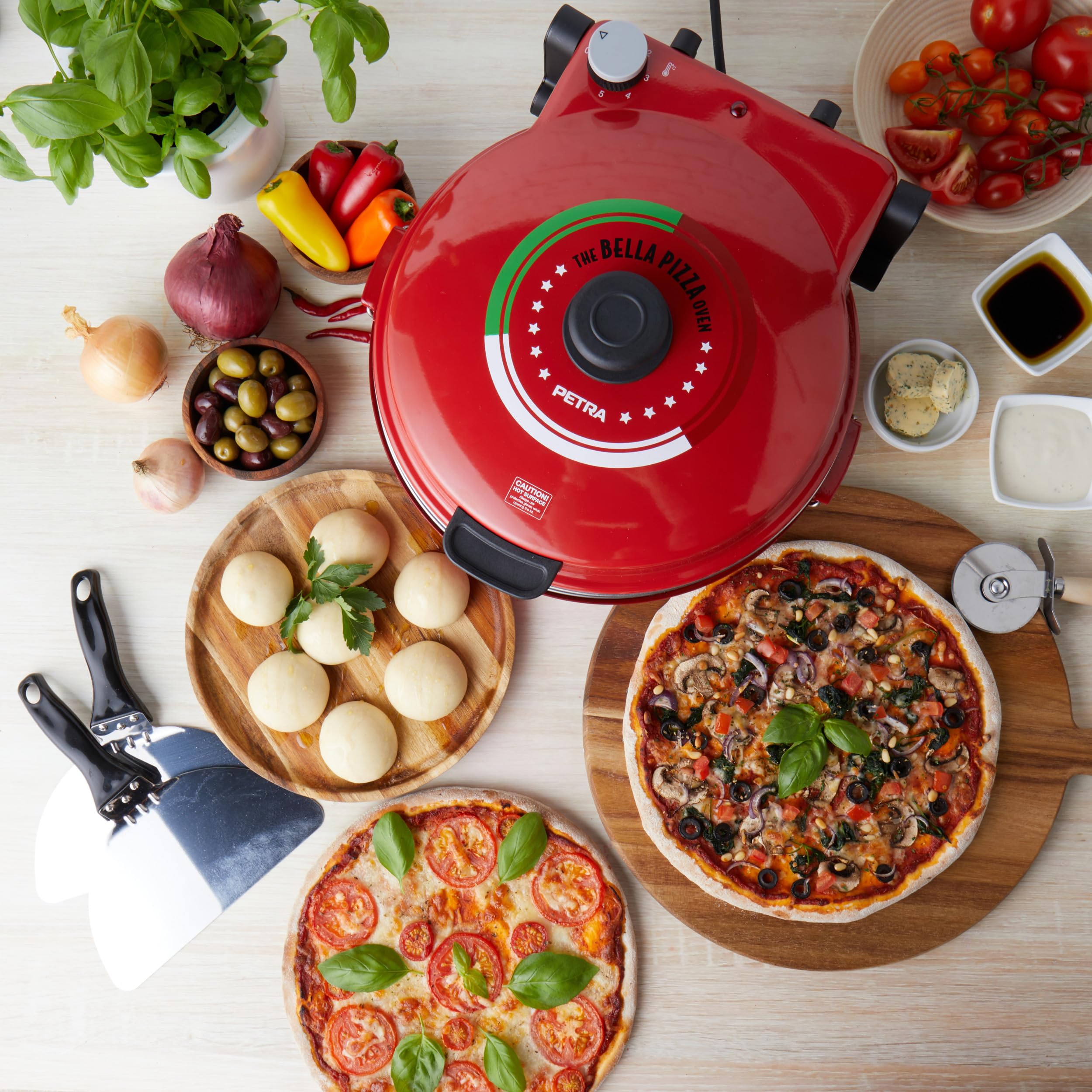 Petra PT5666VDE Horno eléctrico para pizza - interior, 1200 W, 5 niveles de temperatura, precalentamiento rápido, pizzas de 12 pulgadas en 5 minutos, piedra para pizza extraíble, cortador y 2 paletas