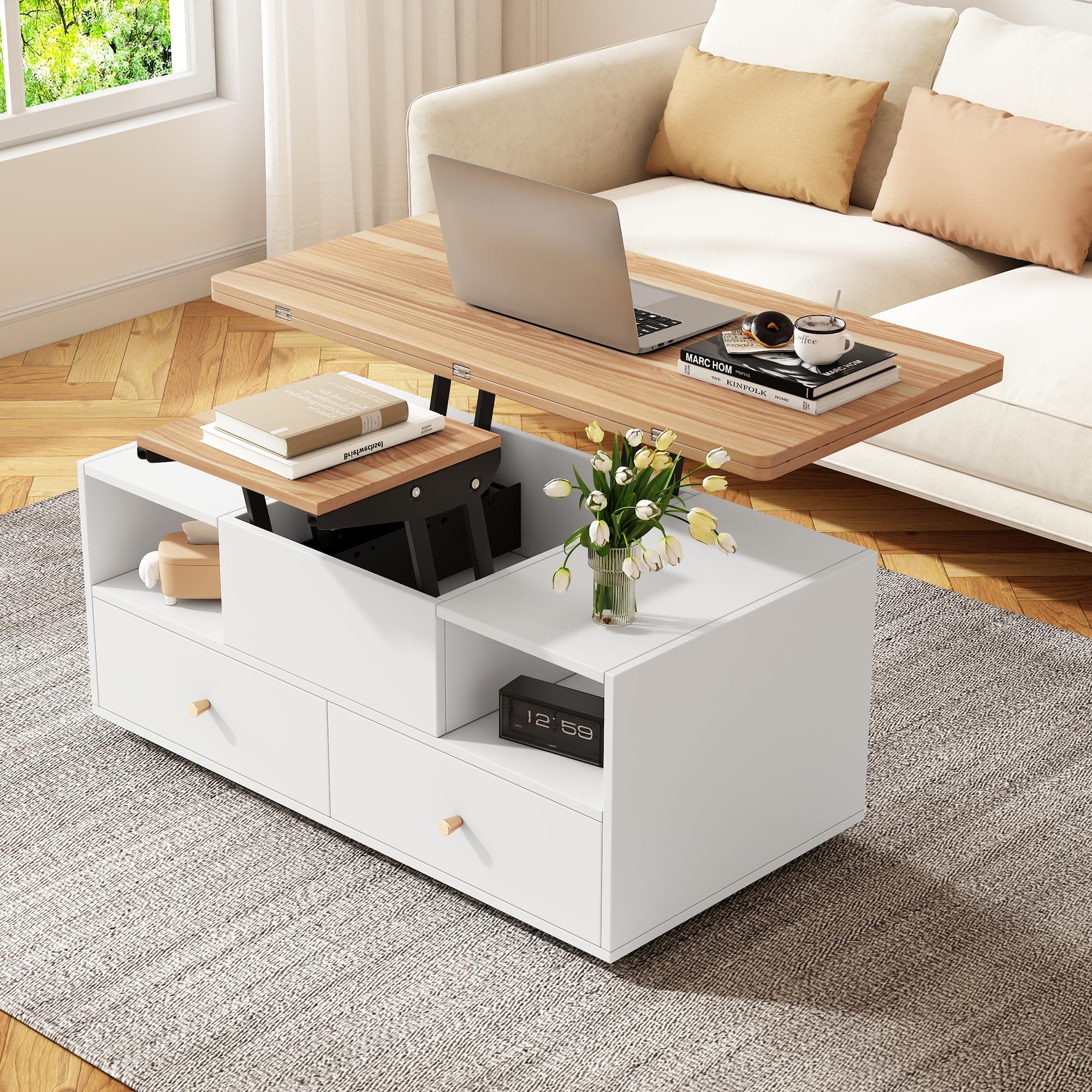 mesa de centro ajustable en altura con función plegable y 4 cajones, 50 x 100 cm, elevadora hidráulica grande y pequeña, salón móvil con ruedas universales