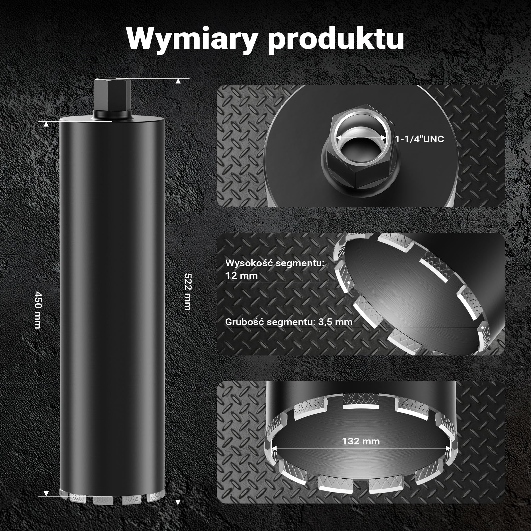 Wiltec Wiertło diamentowe koronowe typu Mesh Ø 132 mm o długości 450 mm, 1¼ UNC, do wiercenia w betonie, kafelkach, kamienia i granitu
