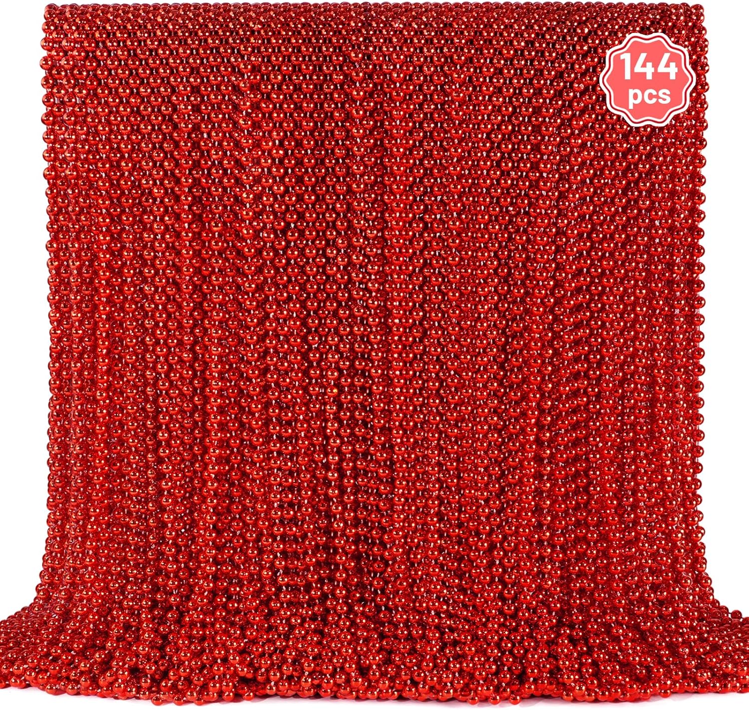 YAXINRUI 144 PCS Red Bead Necklaces, Red Christmas Mardi Gras Beads, Valentine Necklace, 33 Inch Round Beaded Necklace for Mardi Gras Christmas Valentine Festive Events Party Favors