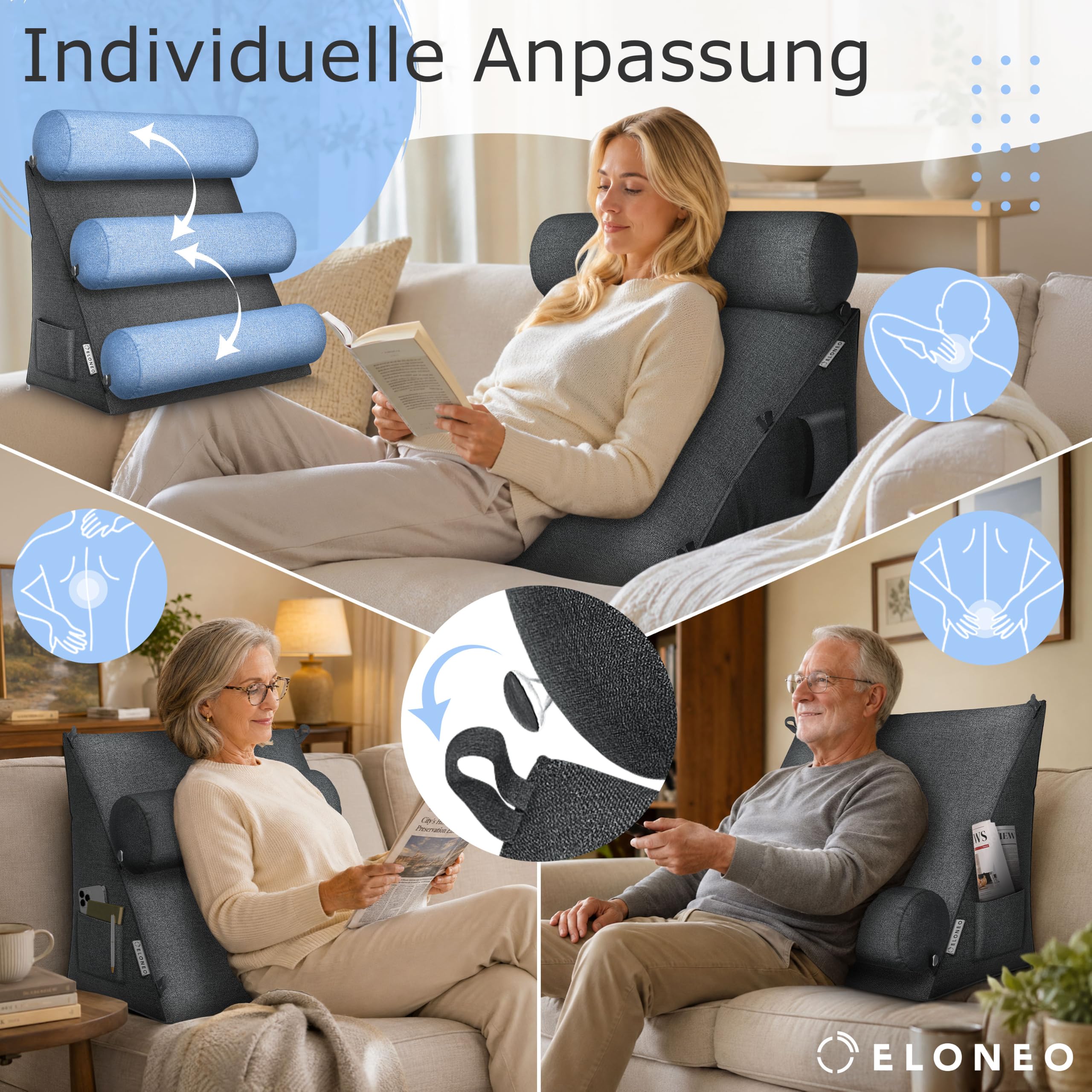 maxVitalis Rückenkissen Bett / Sofa mit Abnehmbarer Nackenrolle und Seitentasche, Rückenstützkissen mit Nackenkissen, Bezug waschbar, Lesekissen, Bücherkissen, Rückenlehne, 55×50×30 cm, Dunkelgrau