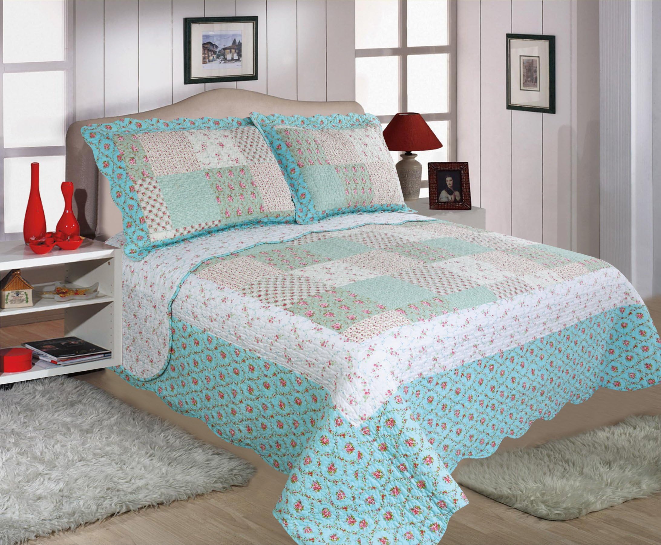 Quilted Patchwork Design Bedspreads - Annie - Turquoise - Floral (KING SIZE 260CM X 260CM) by Luxury Home Linens