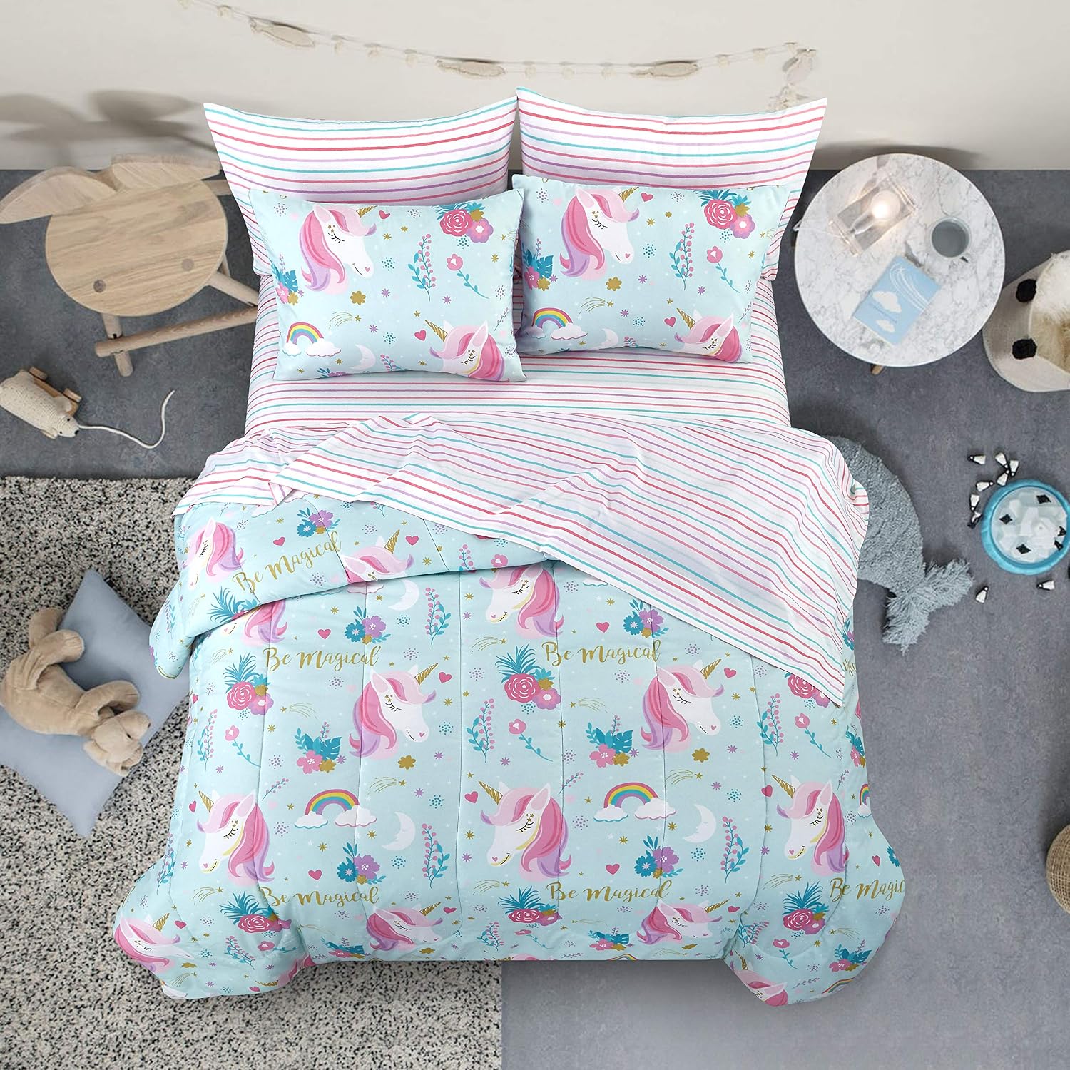 Heritage Kids Kids and Toddler Ultra-Soft Sleepy Unicorn and Rainbow Easy-Wash Microfiber 5-Piece Bed in A Bag Set, Twin, Blue