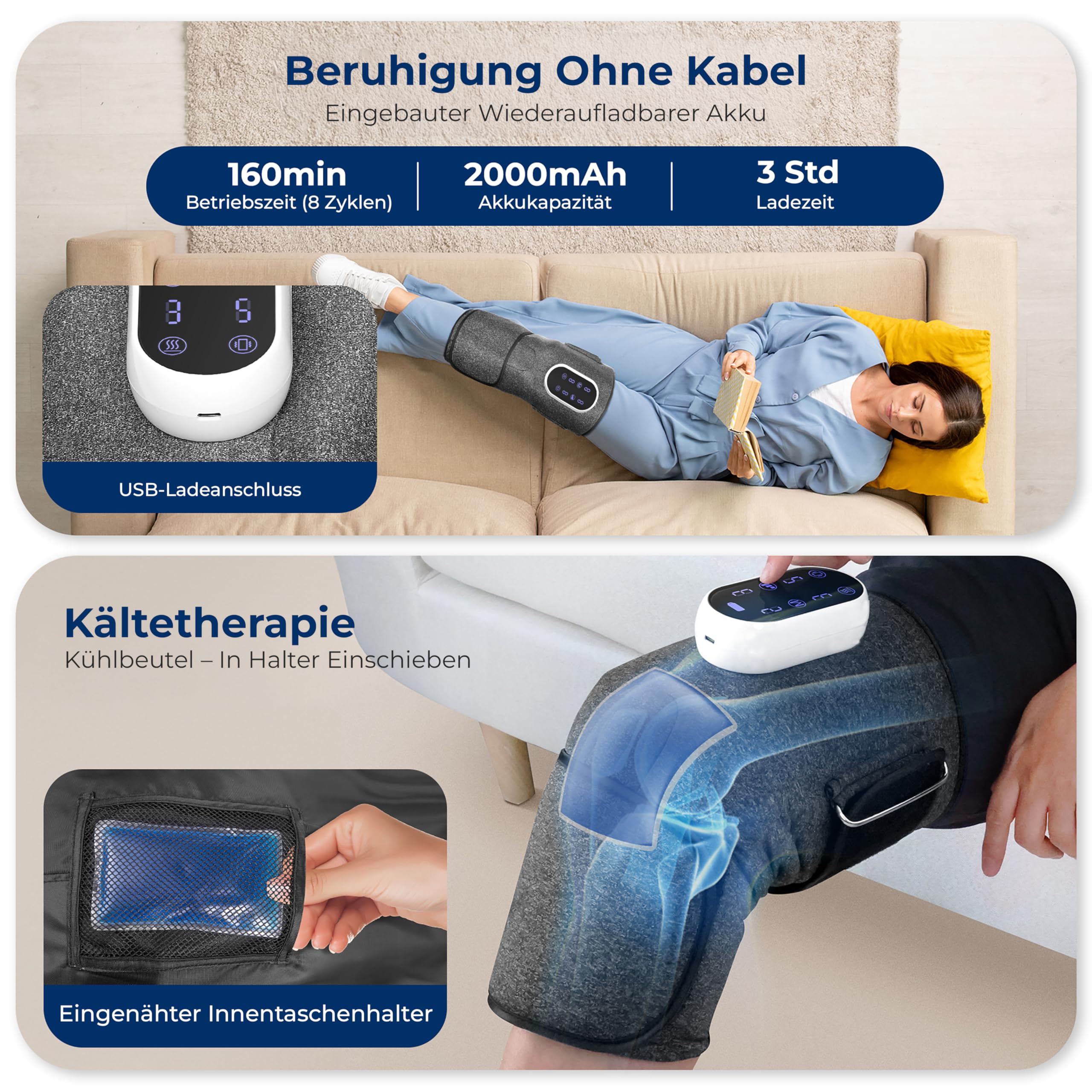 SereneLife Knie-Massagegerät – Kabellos, 3 Wärmestufen, Luftkompression, 4 Massage-Modi, Kühlpack & Tasche, Für Arthritis, Schwellungen, Steifheit, & Muskelverletzungen, Starker Akku, Geschenkidee