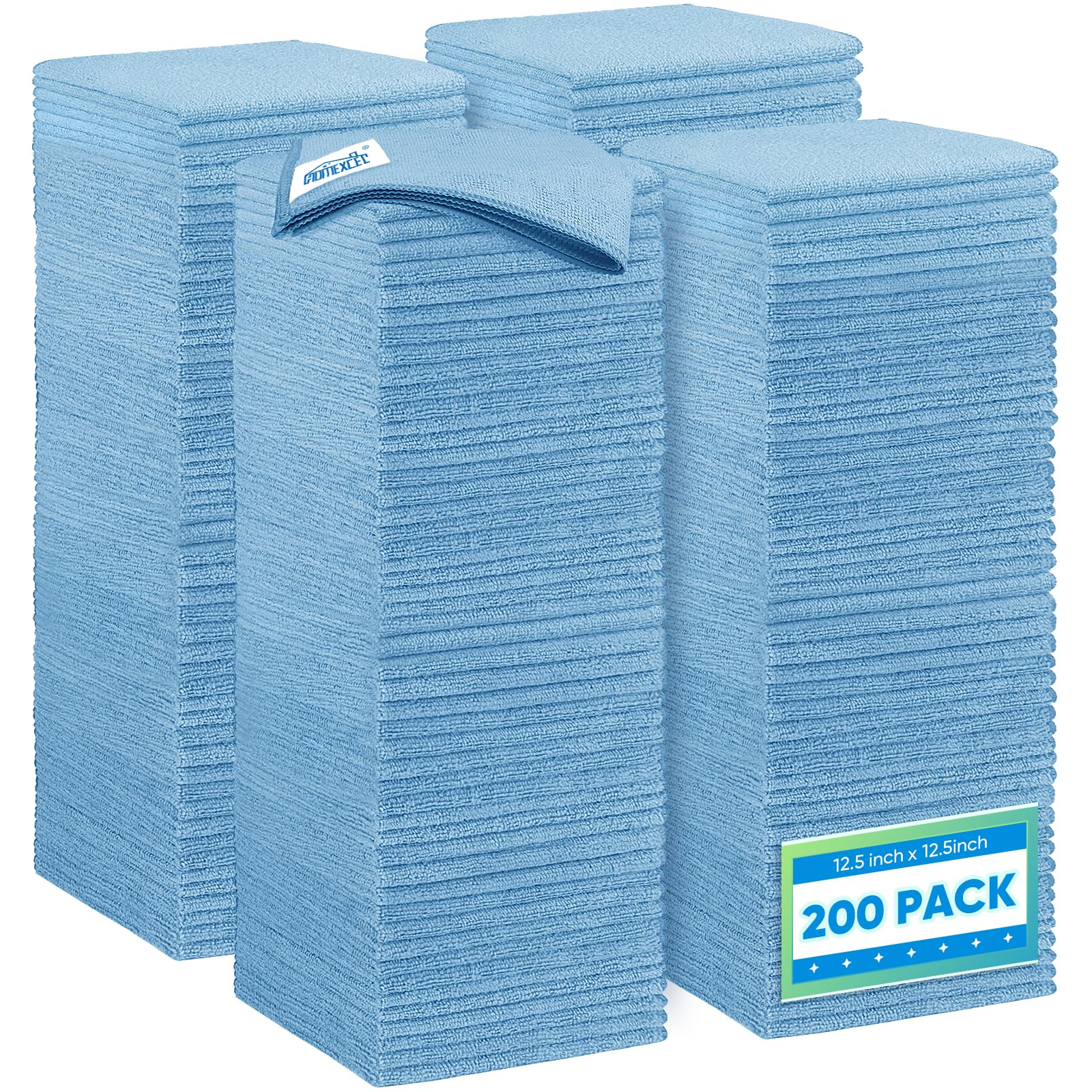 HOMEXCEL Blue Microfiber Cleaning Cloth 200PK, Towels for Cars, 12.5×12.5"