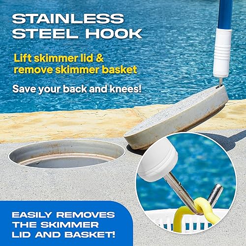 Miniatura 3 de The Skimmie (Versión Larga) Red Recogehojas de Piscina y Poste de 53" con Gancho de Acero Inoxidable, Dos Asas de Cesta Recogehojas, Red de Malla