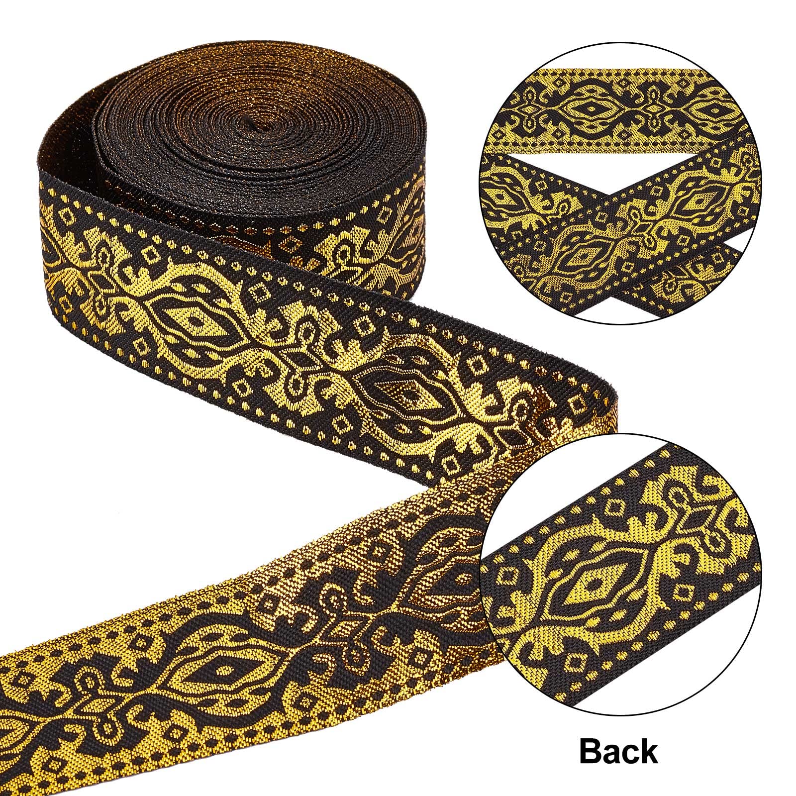 GORGECRAFT Ethnic Jacquard Ribbon 33mm Wide Double Side Gold Floral Embroidery Polyester Woven Ribbons Black Trim Fringe Band for DIY Sewing Crafts Clothing Curtain Home Embellishment Accessories - Image 4