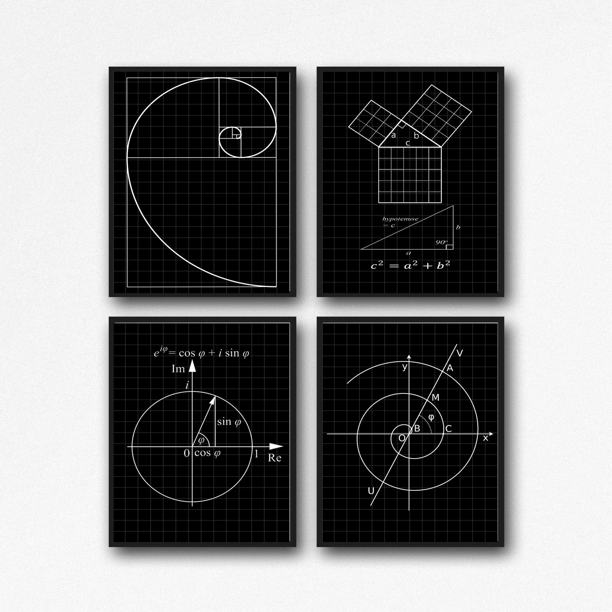 Spirale dorée Pythagore affiche mathématique formule d'Euler grille noire