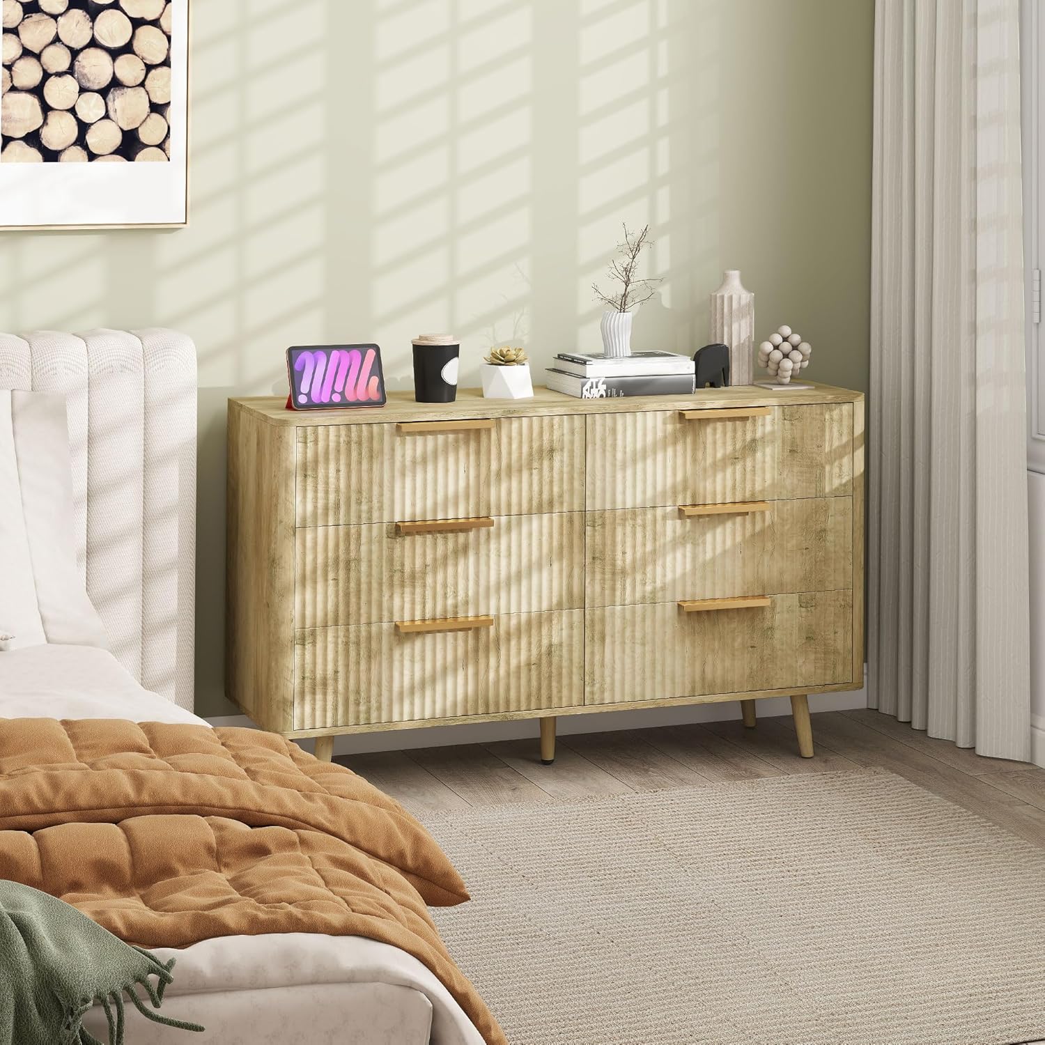 HOMCOM Cómoda de 6 Cajones Cómoda para Dormitorio con Diseño Estriado y Patas de Madera Cajonera Aparador para Salón Pasillo 62x35x105 cm Roble