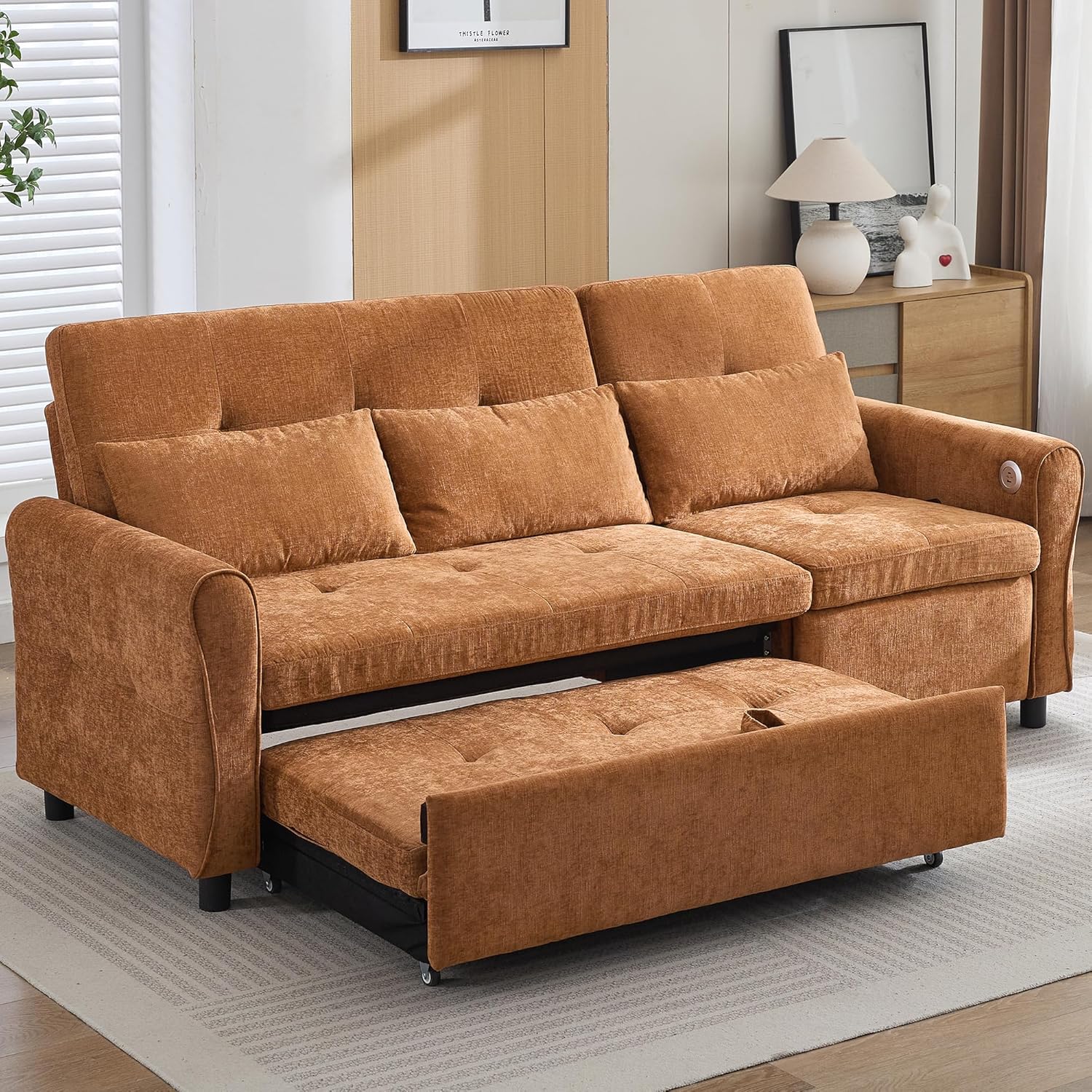 3 in 1 Convertible Pull Out Sofa Bed, 82" Pull Out Couch Bed with USB&Type-C Ports, Corduroy Sleeper Sofa Reversible Chaise Recliner for Small Spaces, Living Room, Apartment, Office (Orange, 82")