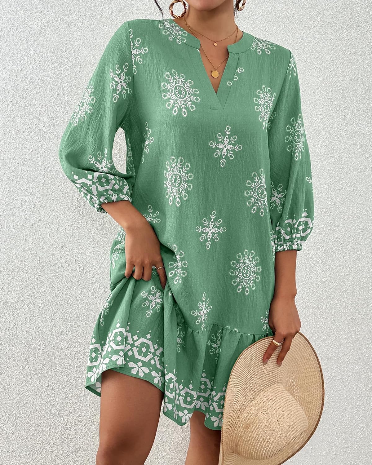 Bsubseach Womens Swimsuit Cover Up 2026 Boho V Neck Beach Dress 3/4 Sleeves Swim Coverup with Pockets - Image 2