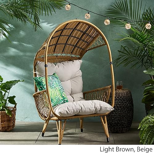 Vista 4 de GDFStudio Joanna - Silla de mimbre para exteriores con cojín, color marrón claro y beige